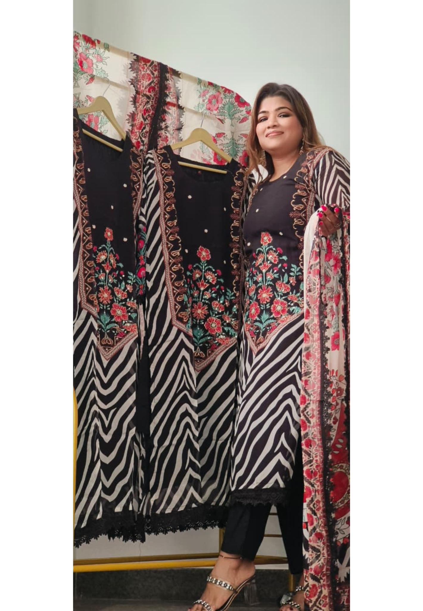 Radiant Floral Bloom Striped Full Suit Set With Dupatta In Organza Fabric- 10974
