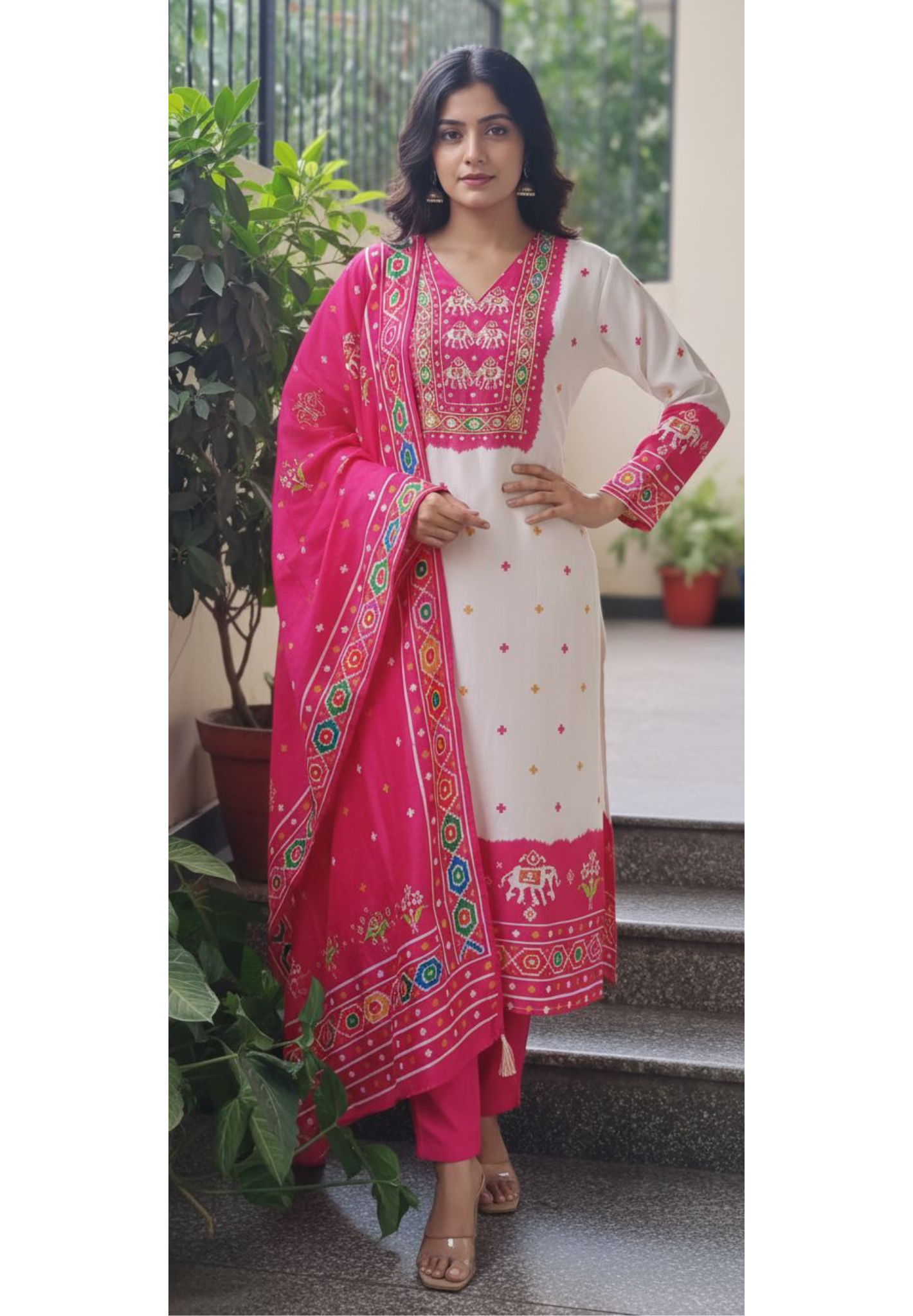 Rajasthani Prints Graceful Pink White Full Suit Set With Dupatta In Russian Silk Fabric-11011