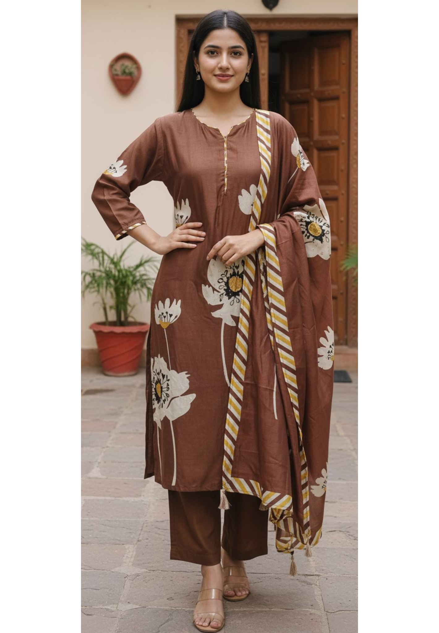 Simple Look Floral Patched Solid Full Set With Dupatta In Russian Silk Fabric-11012