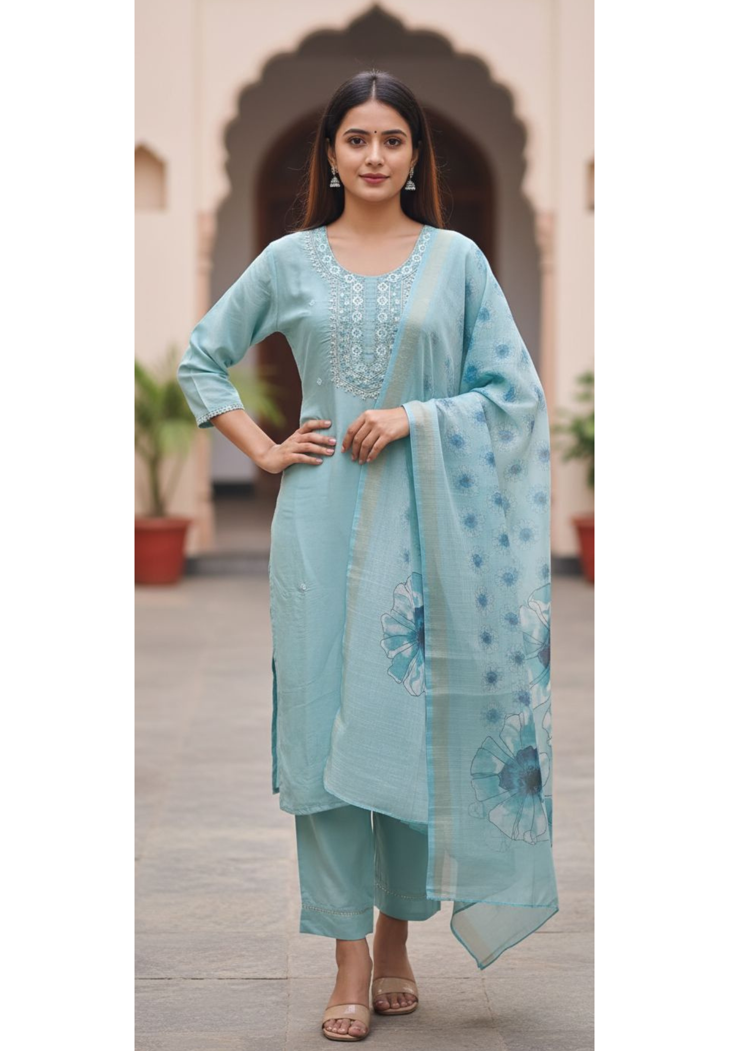 Thread & Mirror Work Embroidery Tissue Full Suit Set With Floral Printed Dupatta- 10981
