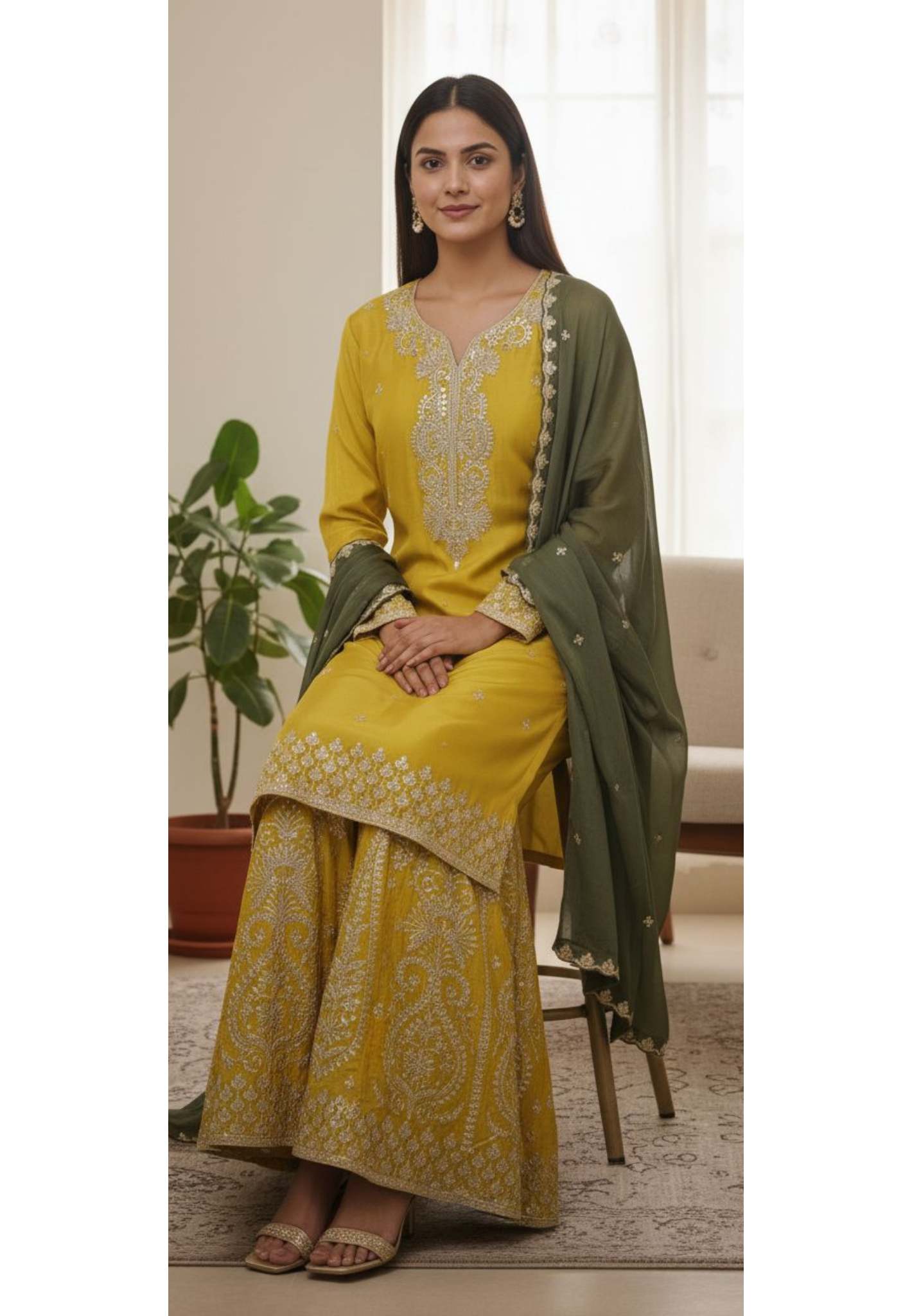 Dual Tone Sunheri Handwork Chinon Full Suit Set With Dupatta & Heavily Worked Panel Palazzo Bottom- 11008