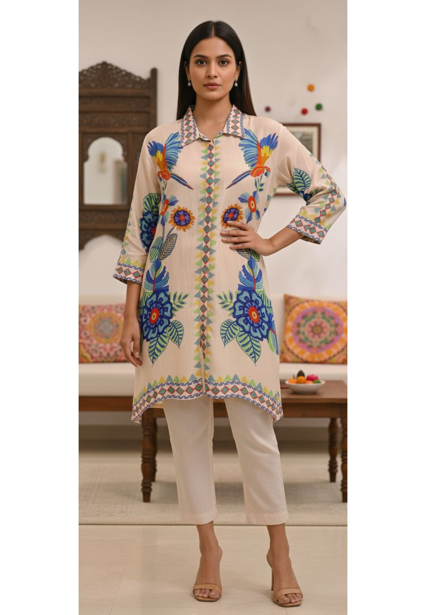Gardenia Bird Print Collared Short Kurti Only- 10943