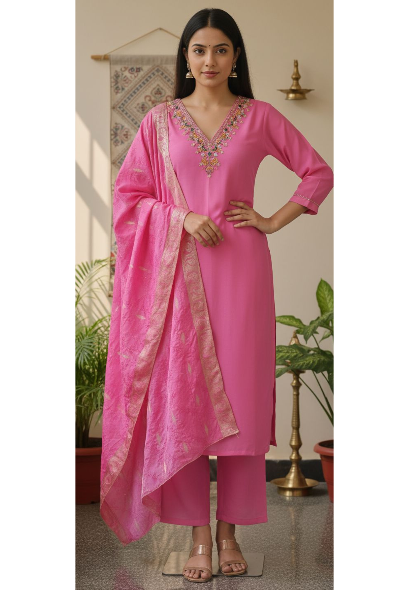 Colorful Floral Embroidery & Mirror Work Detailing Pink Full Suit Set With Dupatta In Tissue Fabric- 10977