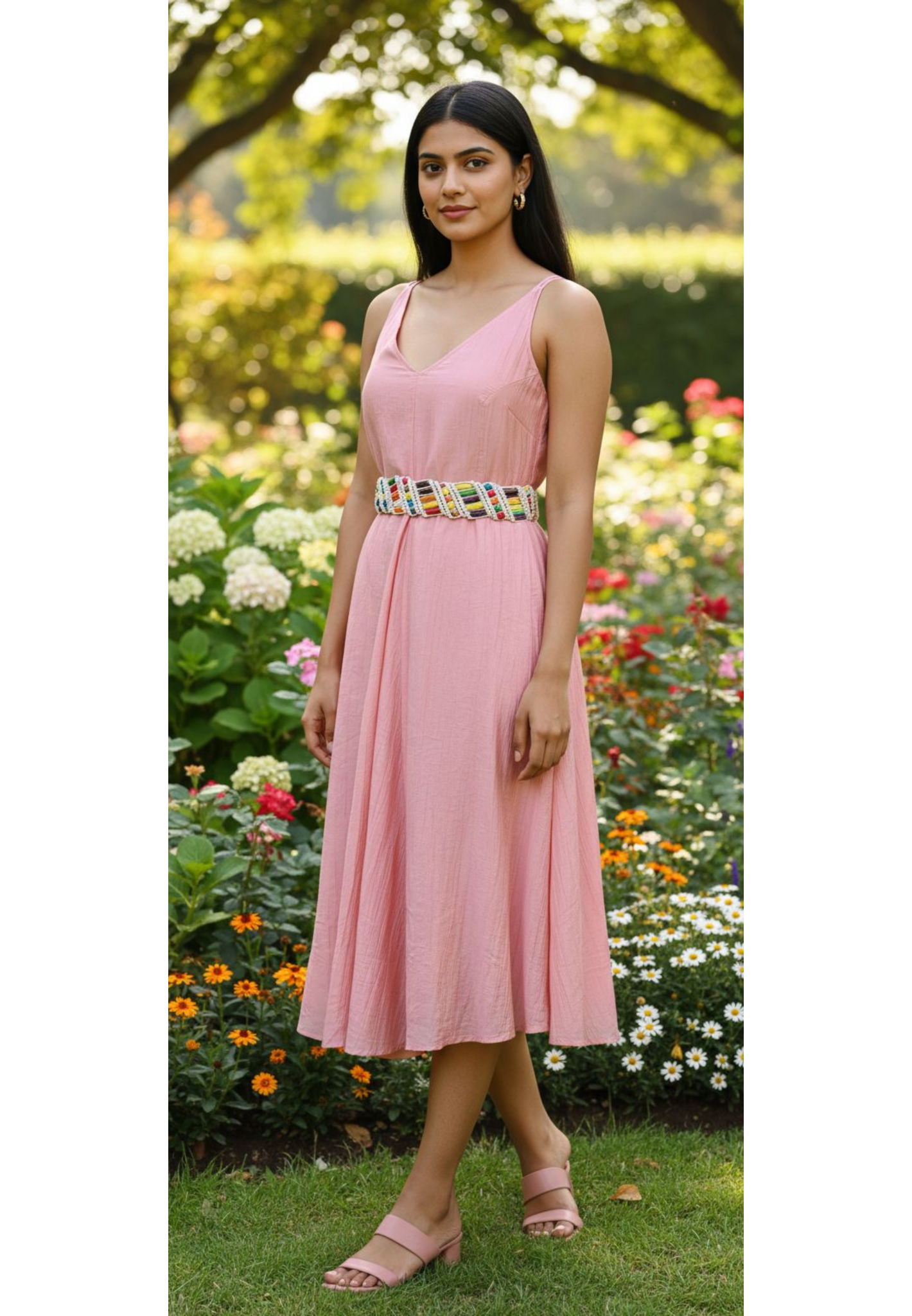 Sunny Glow Midi Dress With Colorful Thread Belt
