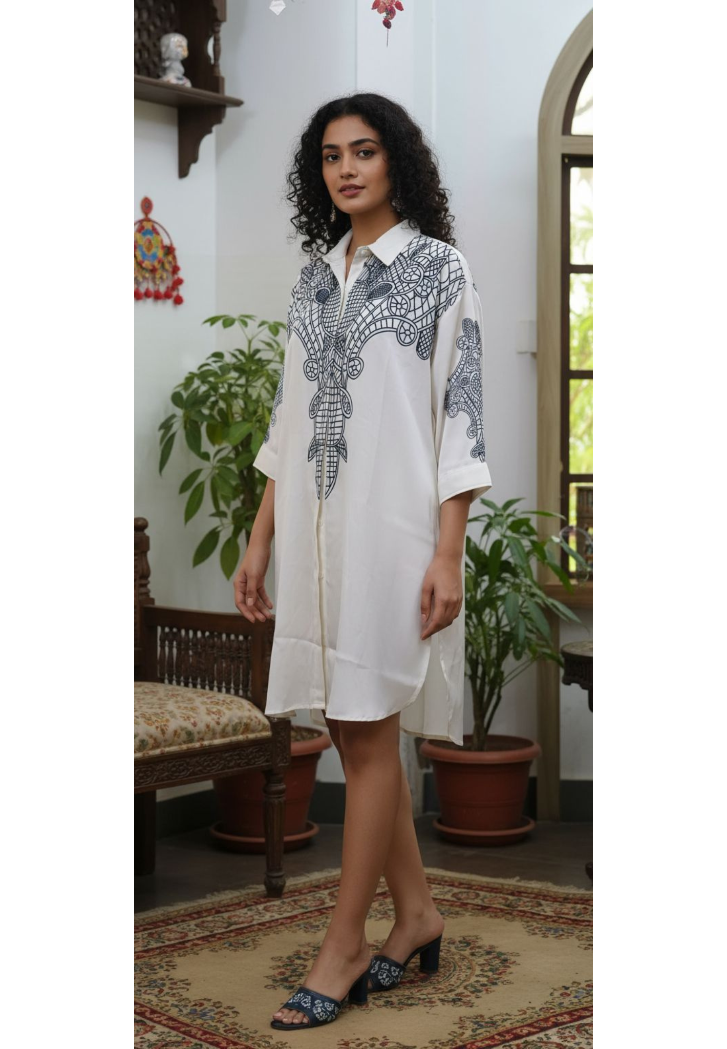 Full Sleeve Printed Satin Long Collared Shirt
