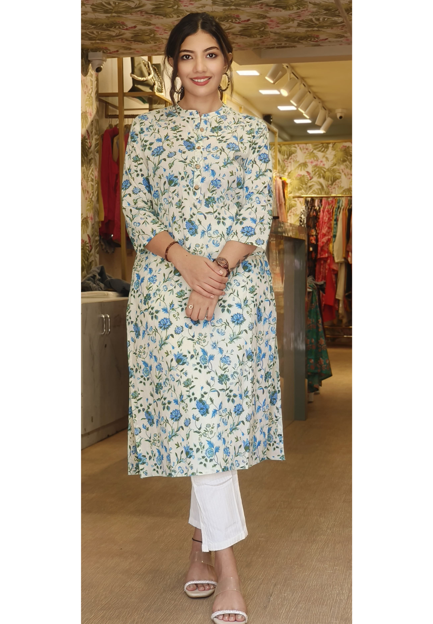 Summer Chic Mandarin Collar Floral Print Pure Cotton Kurti for Everyday Elegance-08749