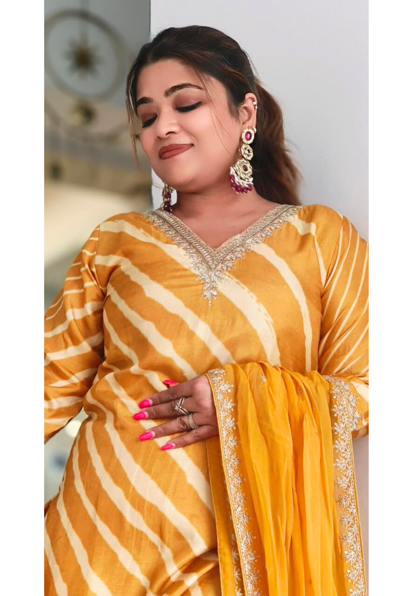 Leheriya Print Minimal Zari Neck Work Full Suit Set With Dupatta In Silk Fabric- 11027