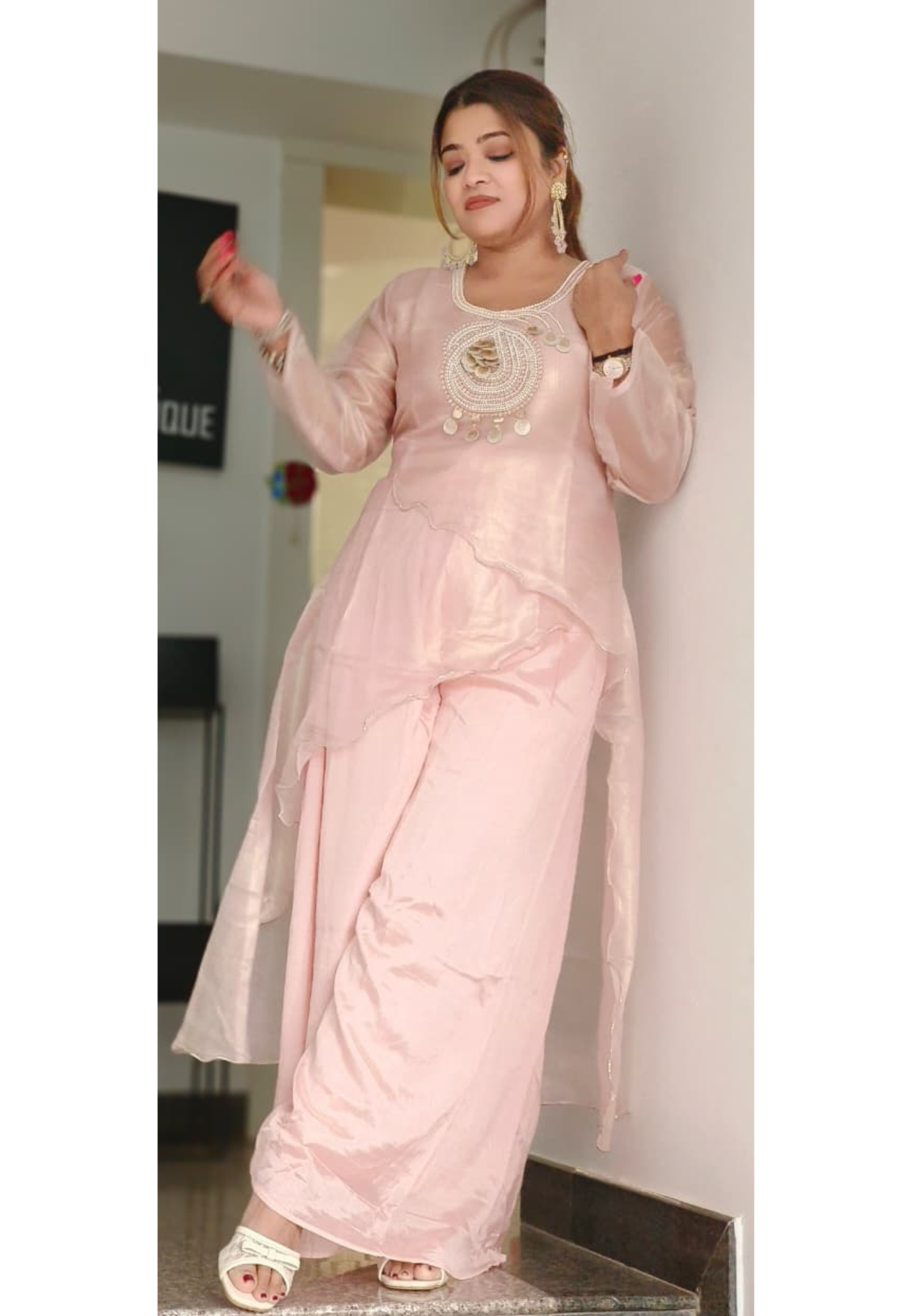 Opal Shine Indo-Western Layered High Low Kurta With Loose Bottom In Pure Tissue Fabric- 11110