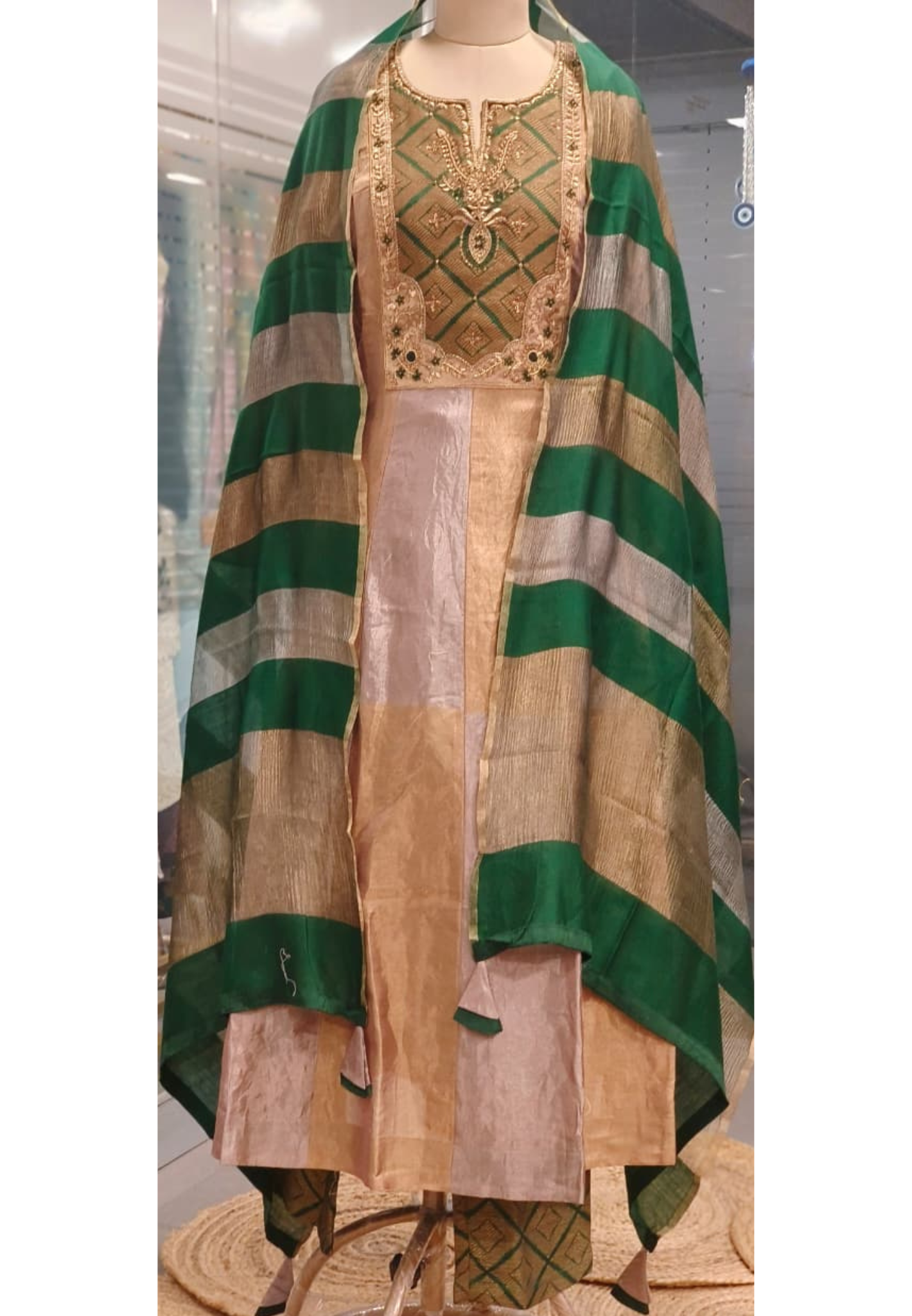 Zardosi Embroidery Golden Shimmer Anarkali Full Suit With Striped Dual Tone Dupatta In Pure Tissue Fabric With Brocade Bottom (Dispatching After 30 Days On Orders)