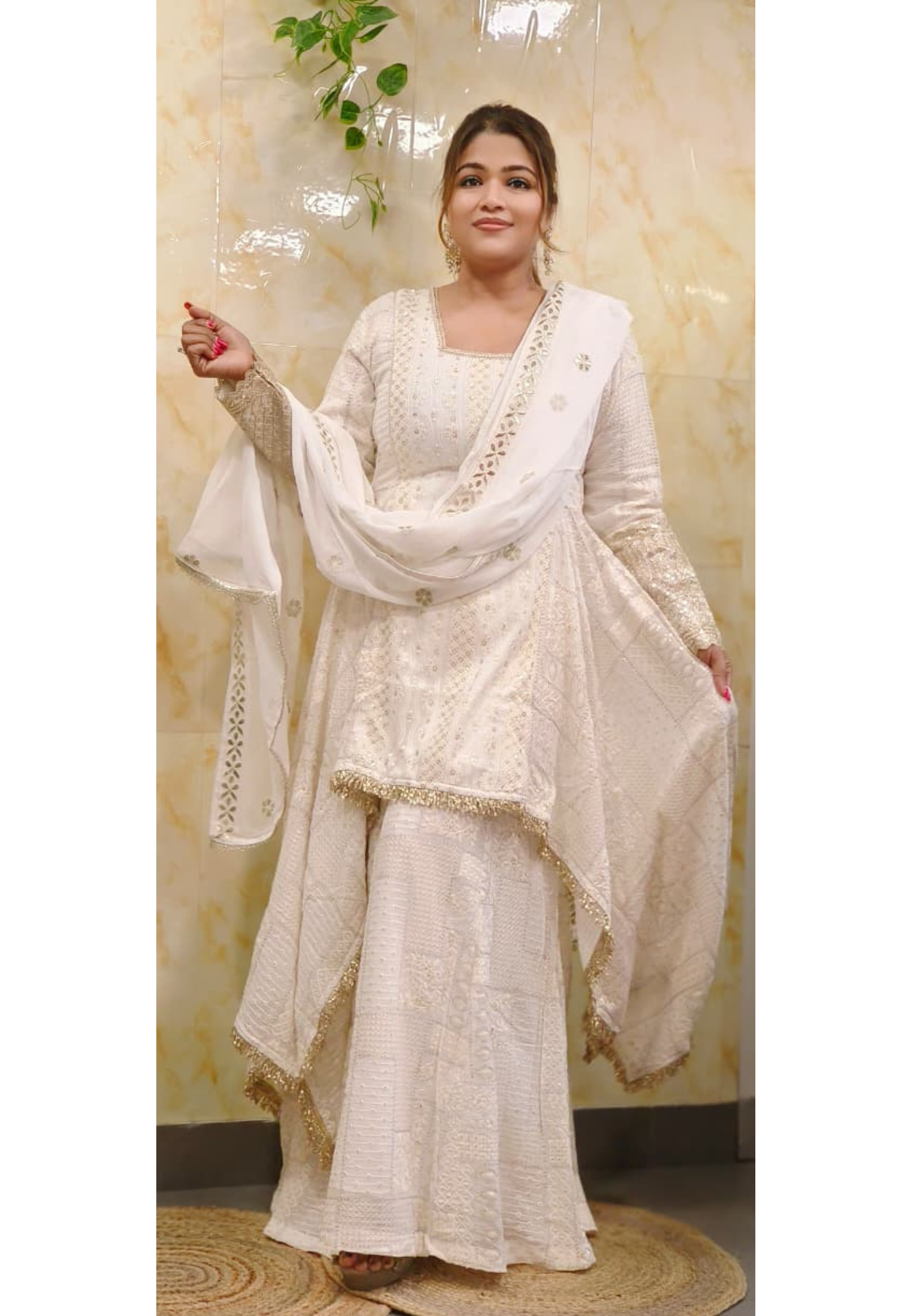 Pure Chikankari White In Golden Touch High Low Kurta With Loose Palazzo Bottom & Dupatta In Pure Georgette Fabric 011106 (Dispatching After 30 Days On Order)