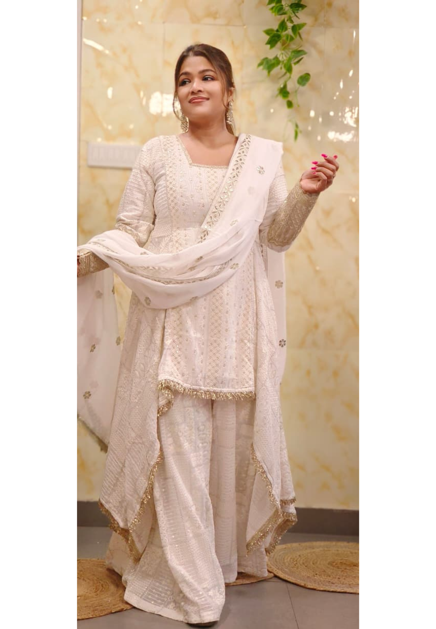 Pure Chikankari White In Golden Touch High Low Kurta With Loose Palazzo Bottom & Dupatta In Pure Georgette Fabric 011106 (Dispatching After 30 Days On Order)