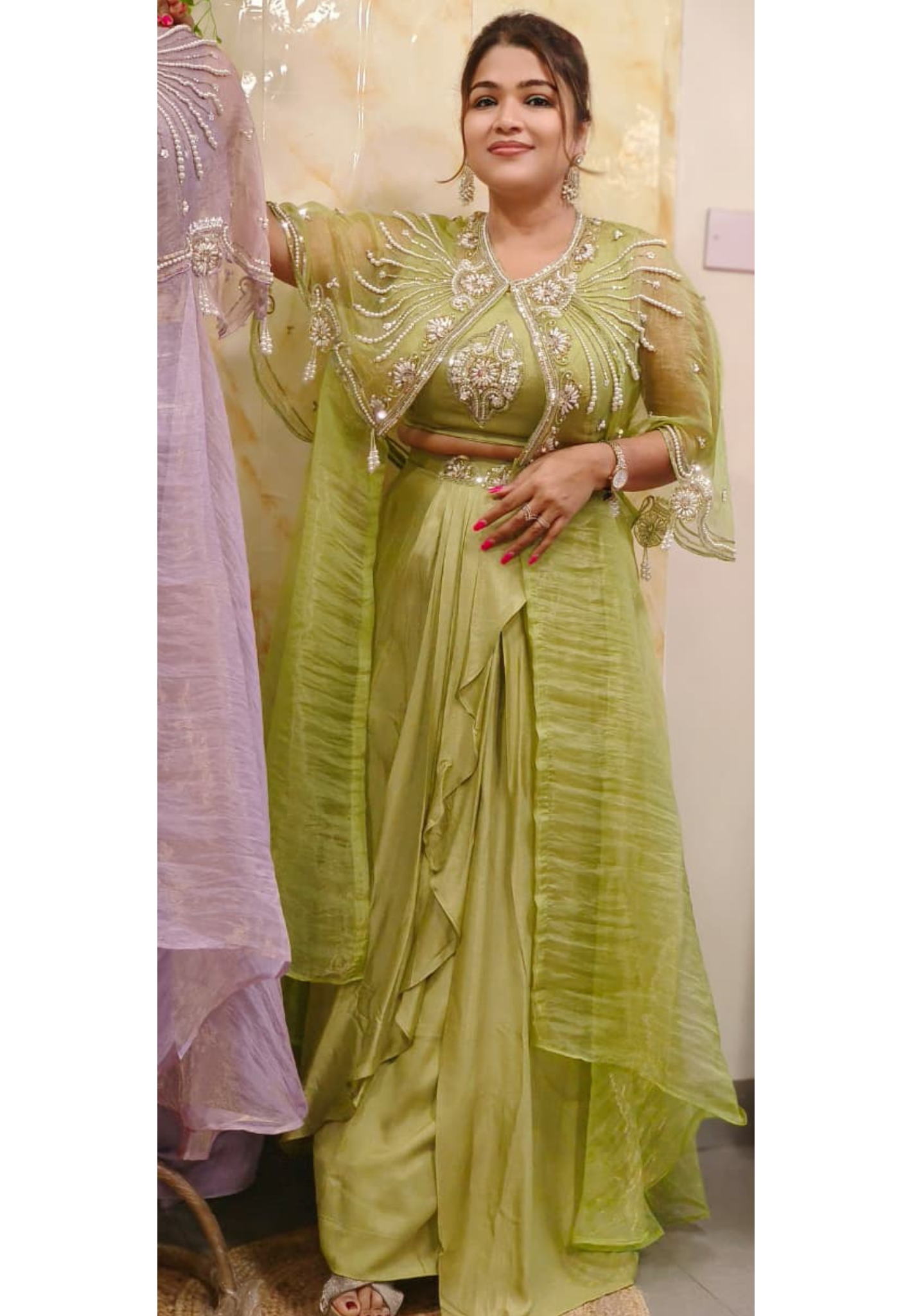 Shimmer Tissue Stylish Radiant Pearl Elegance Indo-Western Wear With Buster Drape Skirt & Cape In Tissue Fabric- 011103,011104,011105