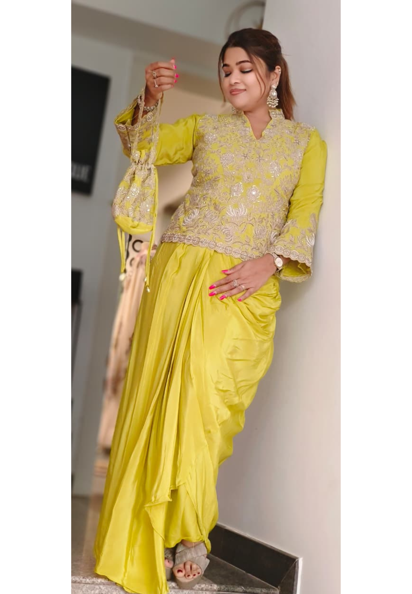 Bright Royal Aura Embroidery Embellished Indo-Western Wear With Dhoti Skirt & Potli In Crepe Fabric