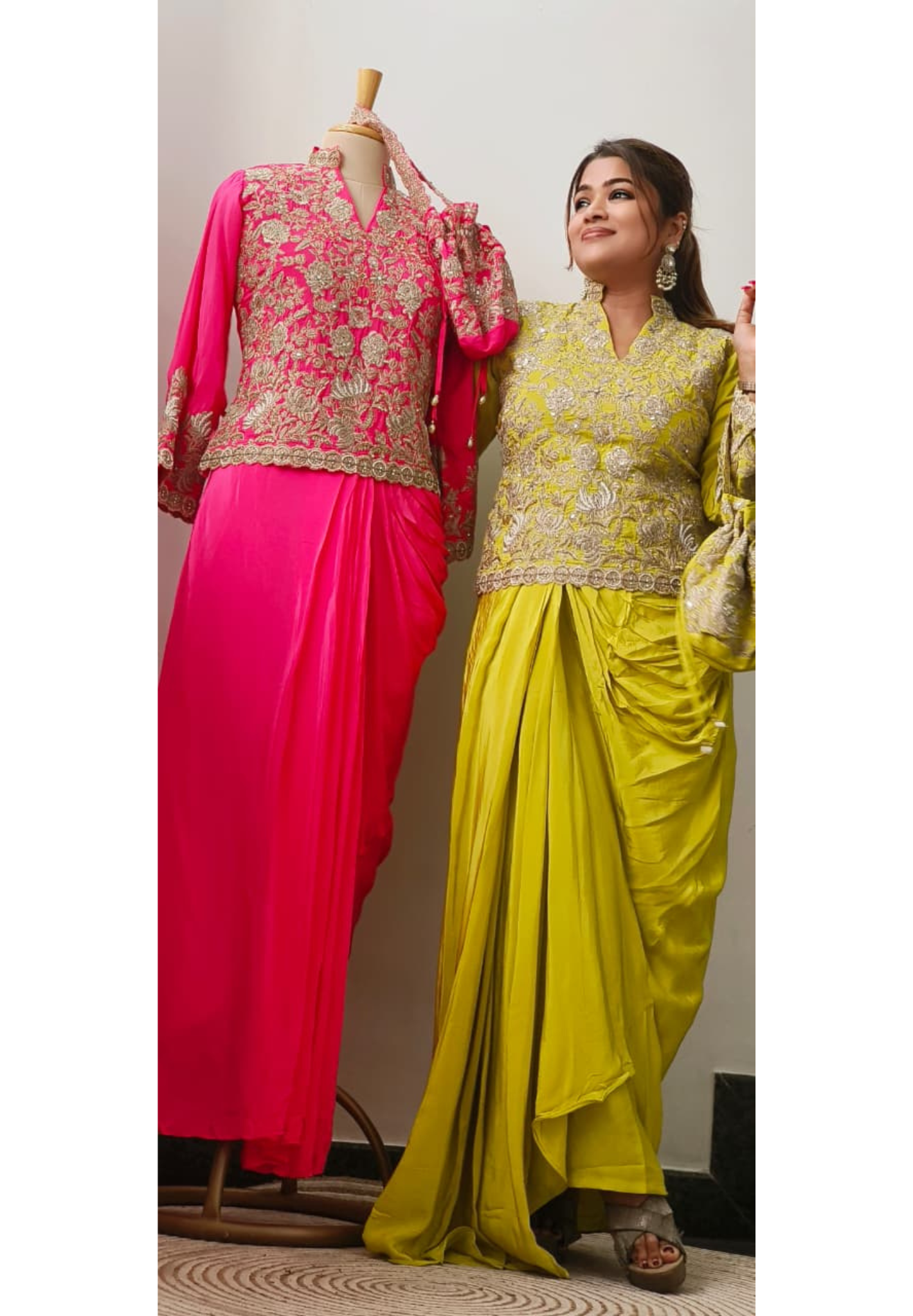 Bright Royal Aura Embroidery Embellished Indo-Western Wear With Dhoti Skirt & Potli In Crepe Fabric