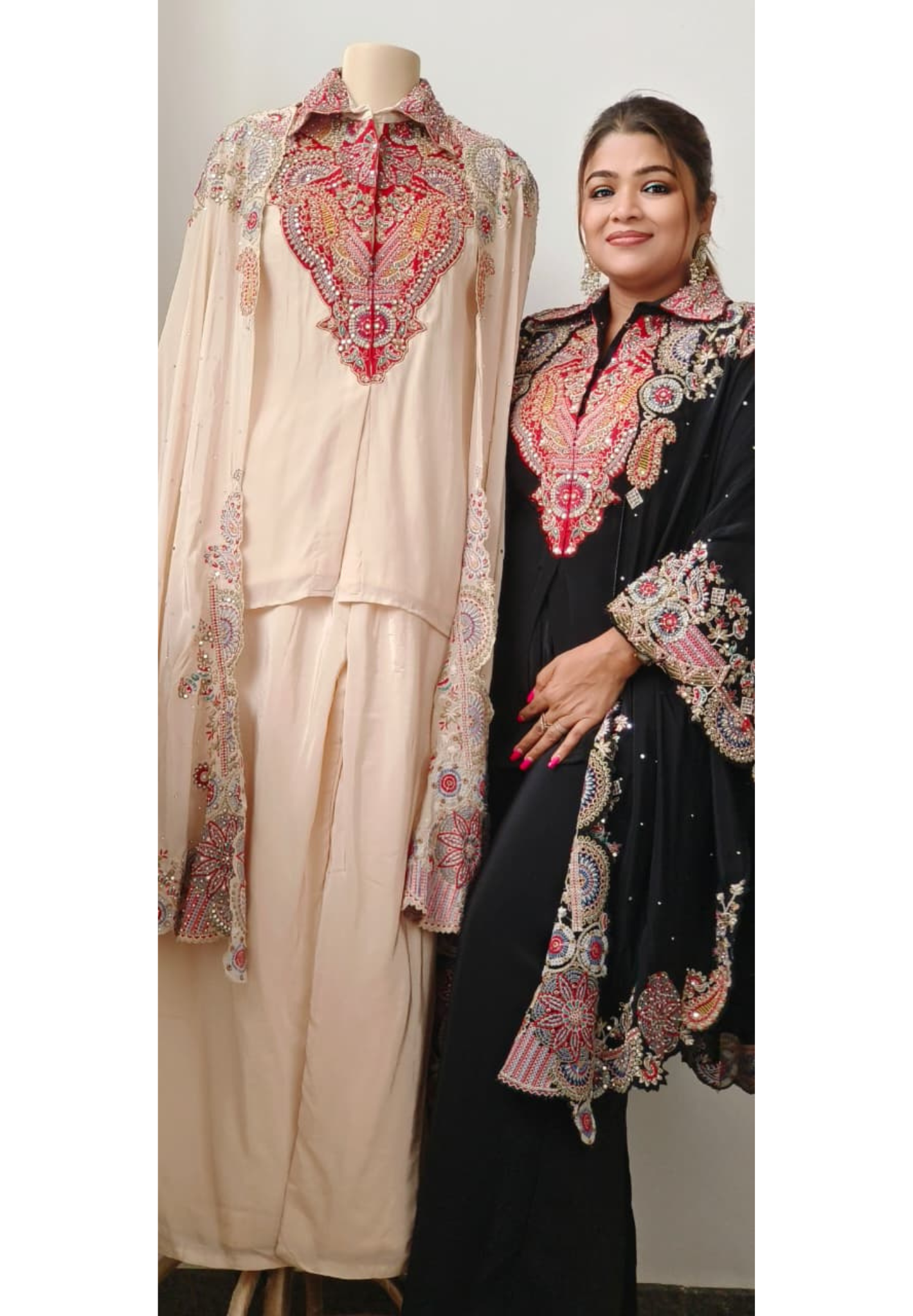 Unique Indo-Western Wear With Collared Kurta Loose Bottom & Flared Cape In Crepe