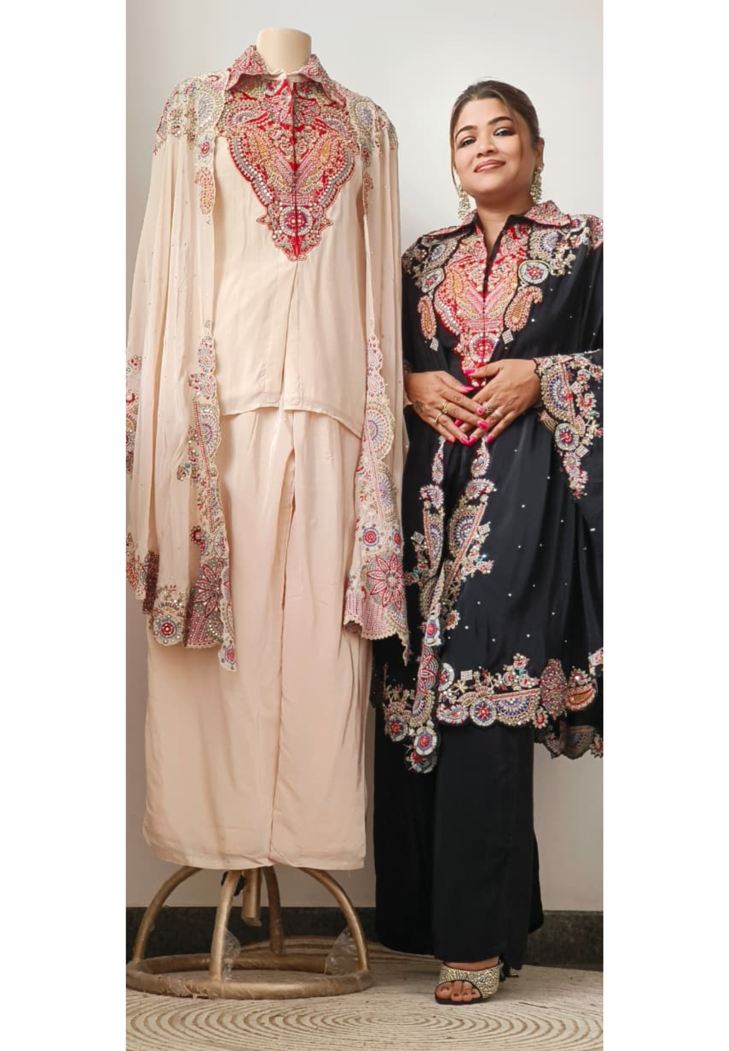 Unique Indo-Western Wear With Collared Kurta Loose Bottom & Flared Cape In Crepe