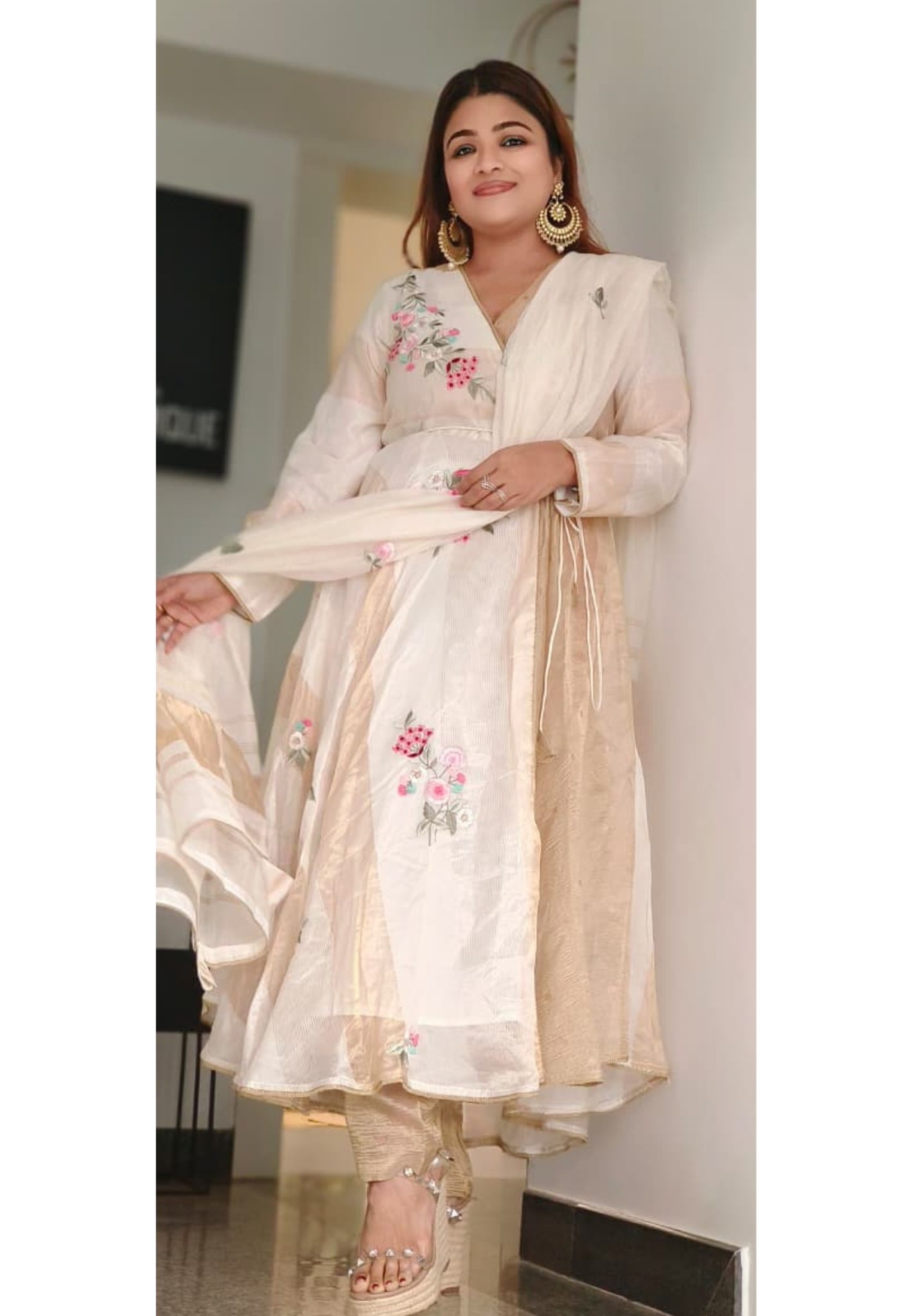 Floral Ressam Embroidered Ethereal Glow Angrakha Pattern Anarkali Full Suit Set With Dupatta In Pure Tissue Fabric- 11089