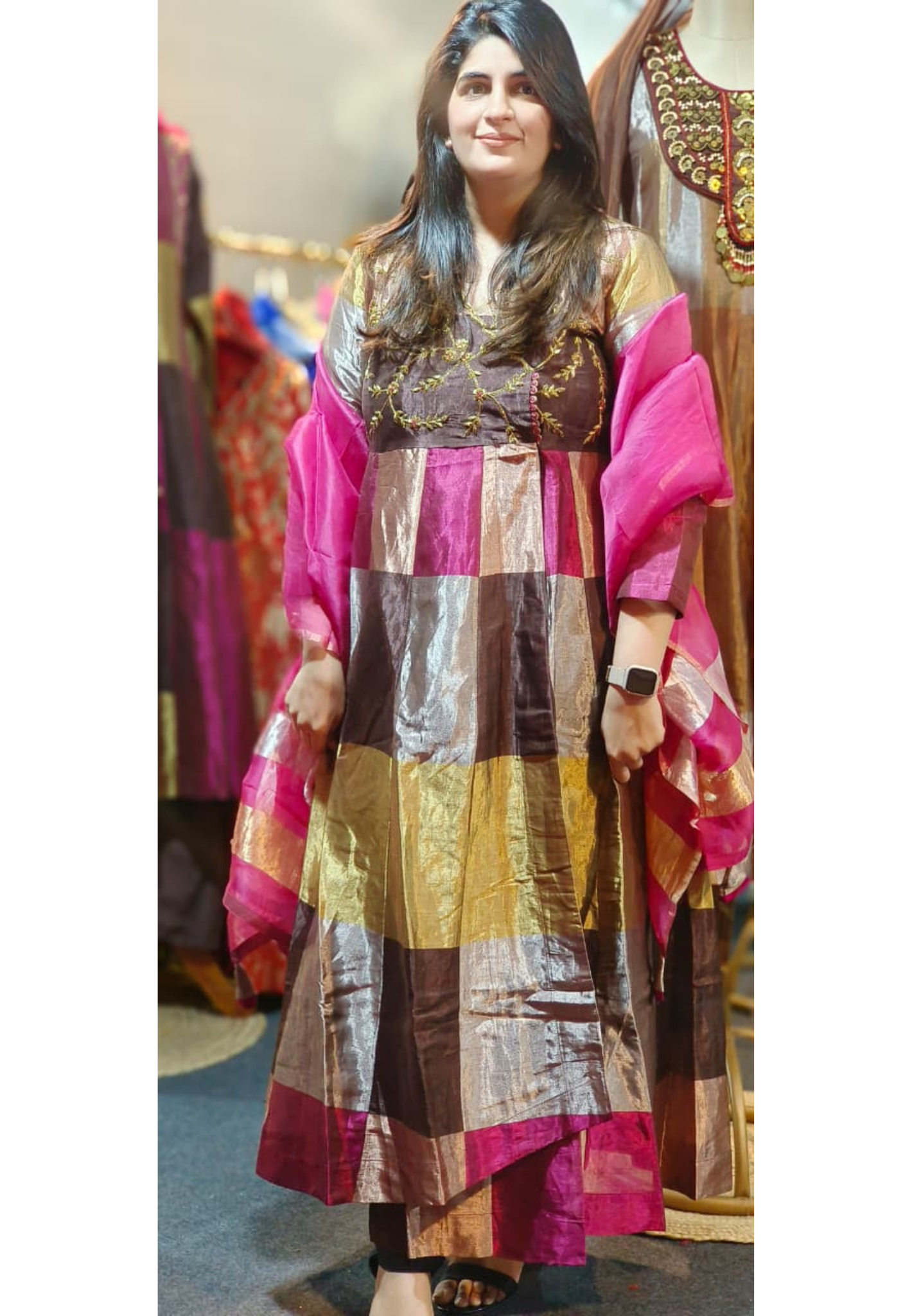 Pure Tissue Checks Designer Multicolored Angrakha Style Anarkali Full Suit Set With Dupatta In Tissue Fabric- 11085 Only on Orders Dispatching After 30 Days
