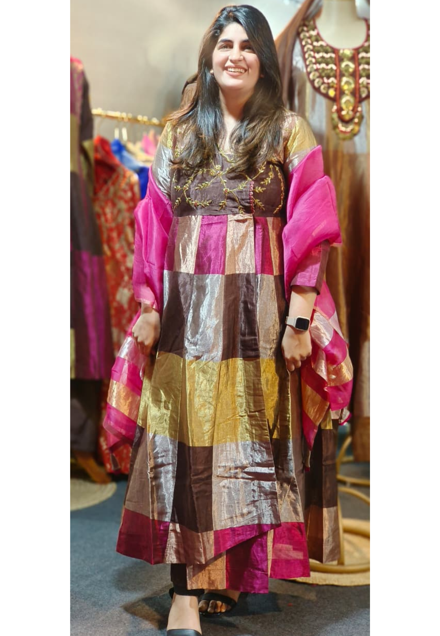 Pure Tissue Checks Designer Multicolored Angrakha Style Anarkali Full Suit Set With Dupatta In Tissue Fabric- 11085 Only on Orders Dispatching After 30 Days