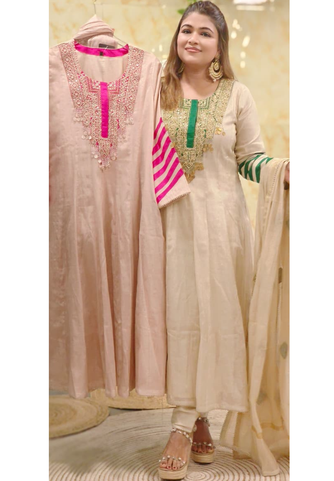Zari Enchant Tissue Elegance Striped Sleeve Anarkali Full Suit Set With Dupatta- 11090, 11091