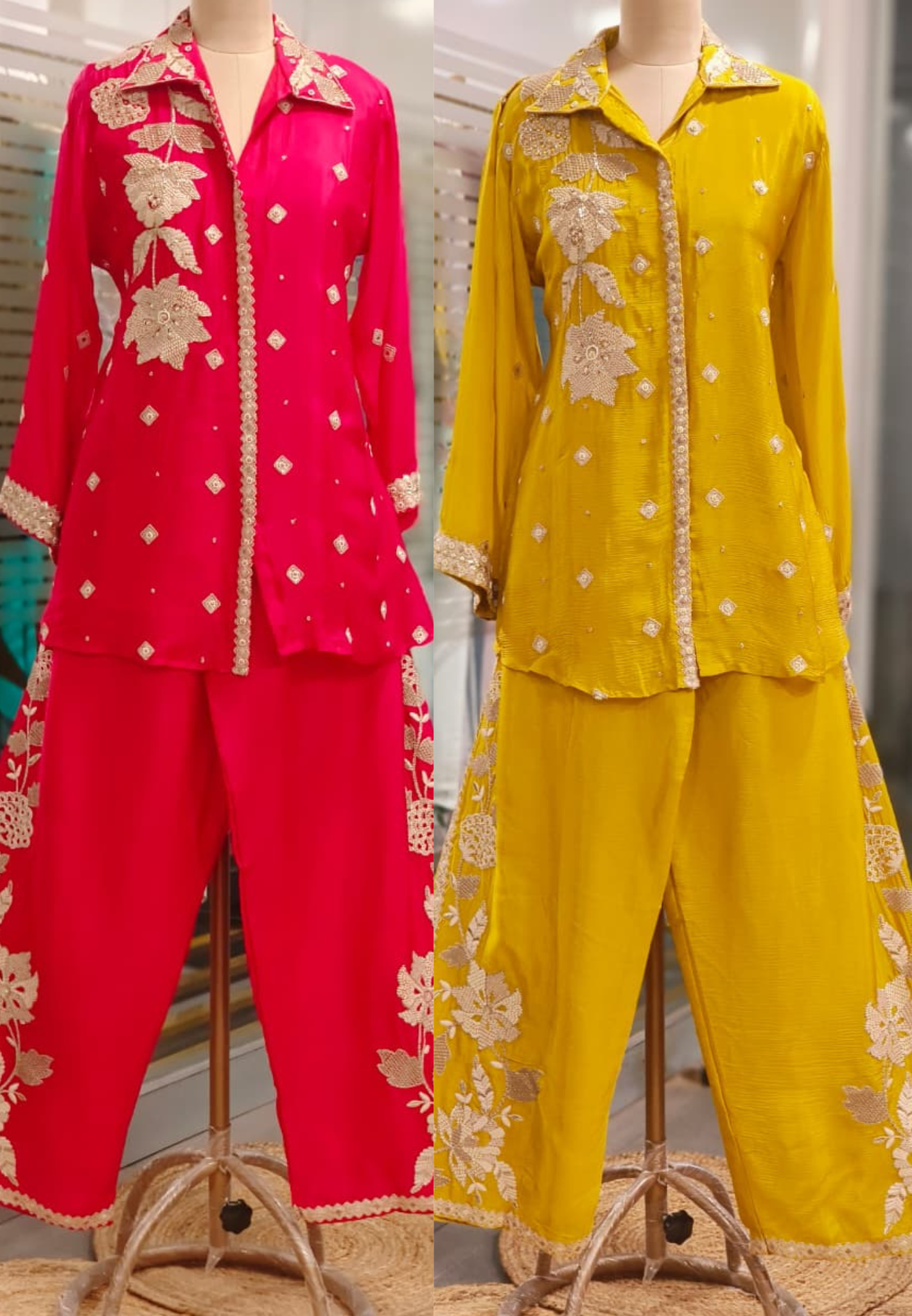 Ruby Glow Golden Bloom Floral Thread Embroidered Co-Ord Set In Chinon Fabric- 11200