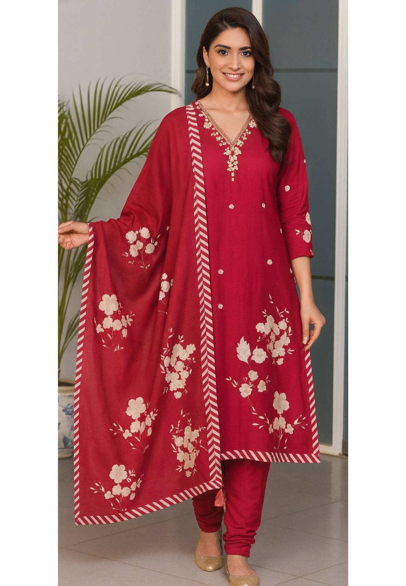 Radiant Crimson Floral Patched Full Suit Set With Striped Bordered Dupatta- 11201
