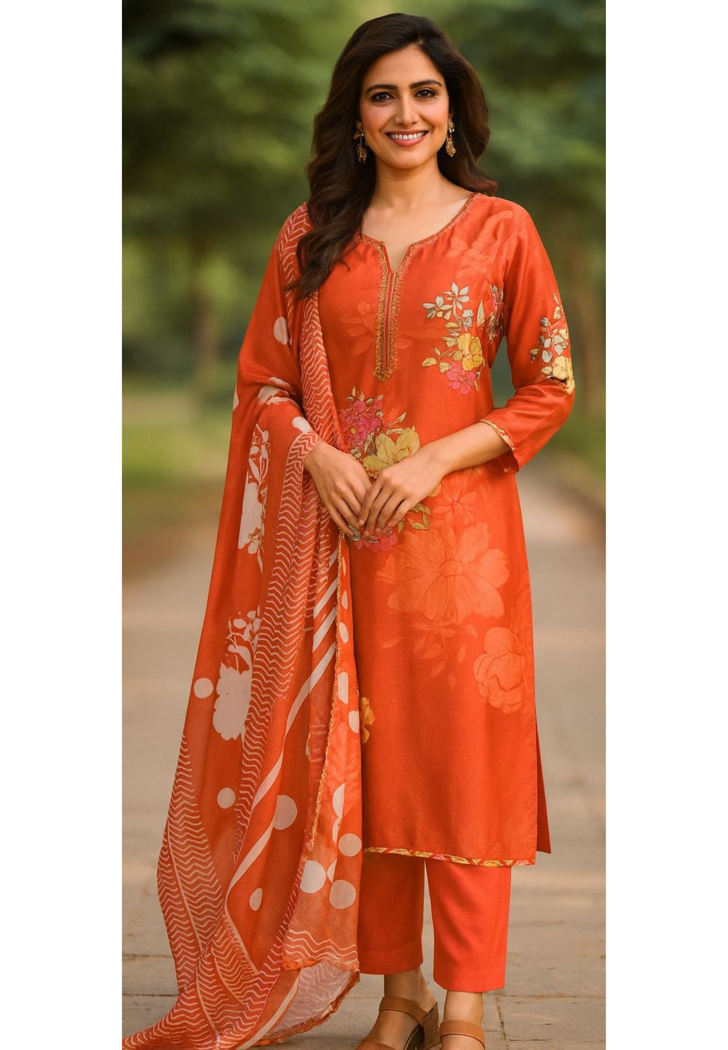 Flower Printed With Minimal Neck Work Sunset Full Suit Set With Dupatta- 11188