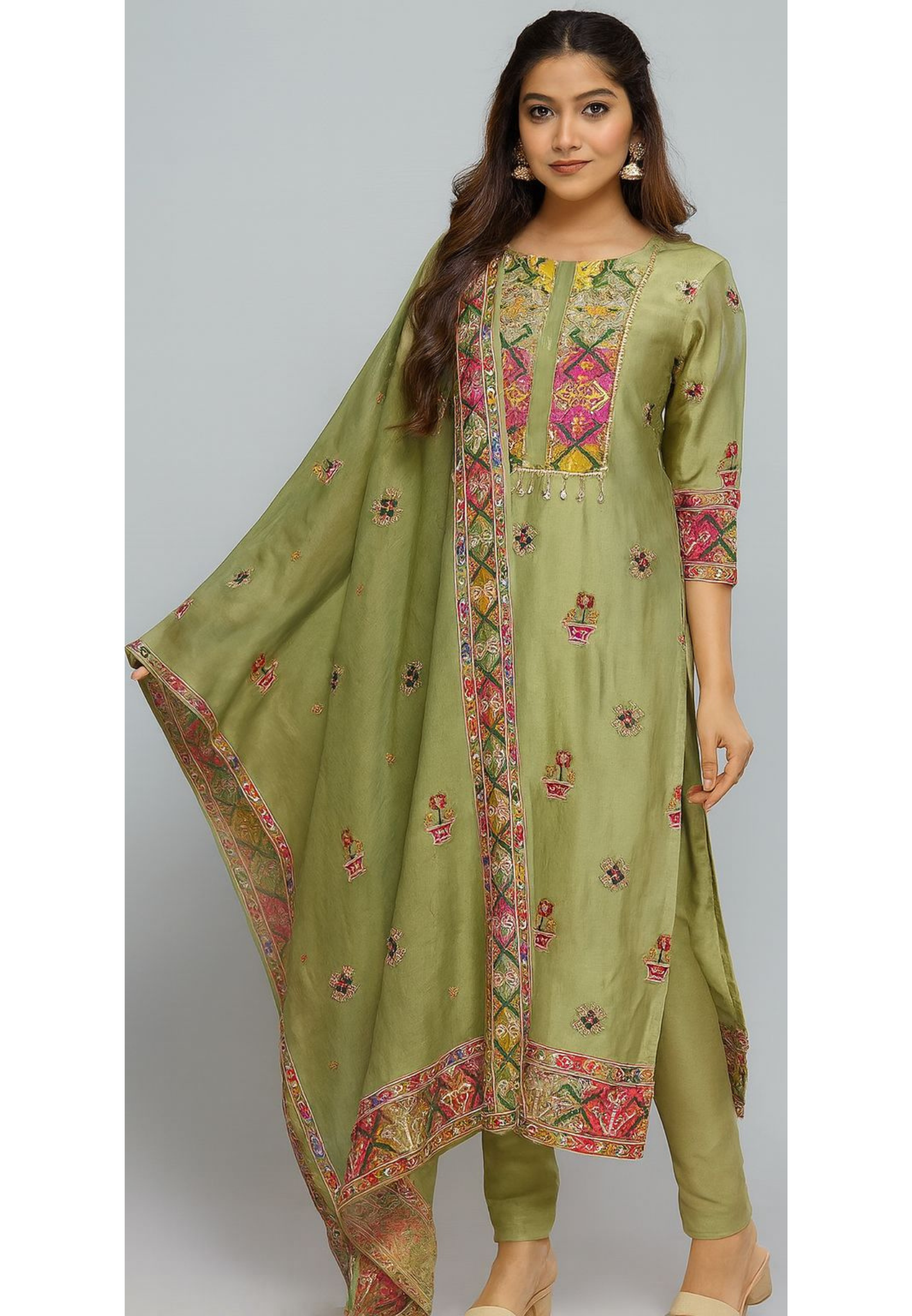 Multicolored Unique Tassel Yoke Full Suit Set With Dupatta In Russian Silk Fabric- 11187