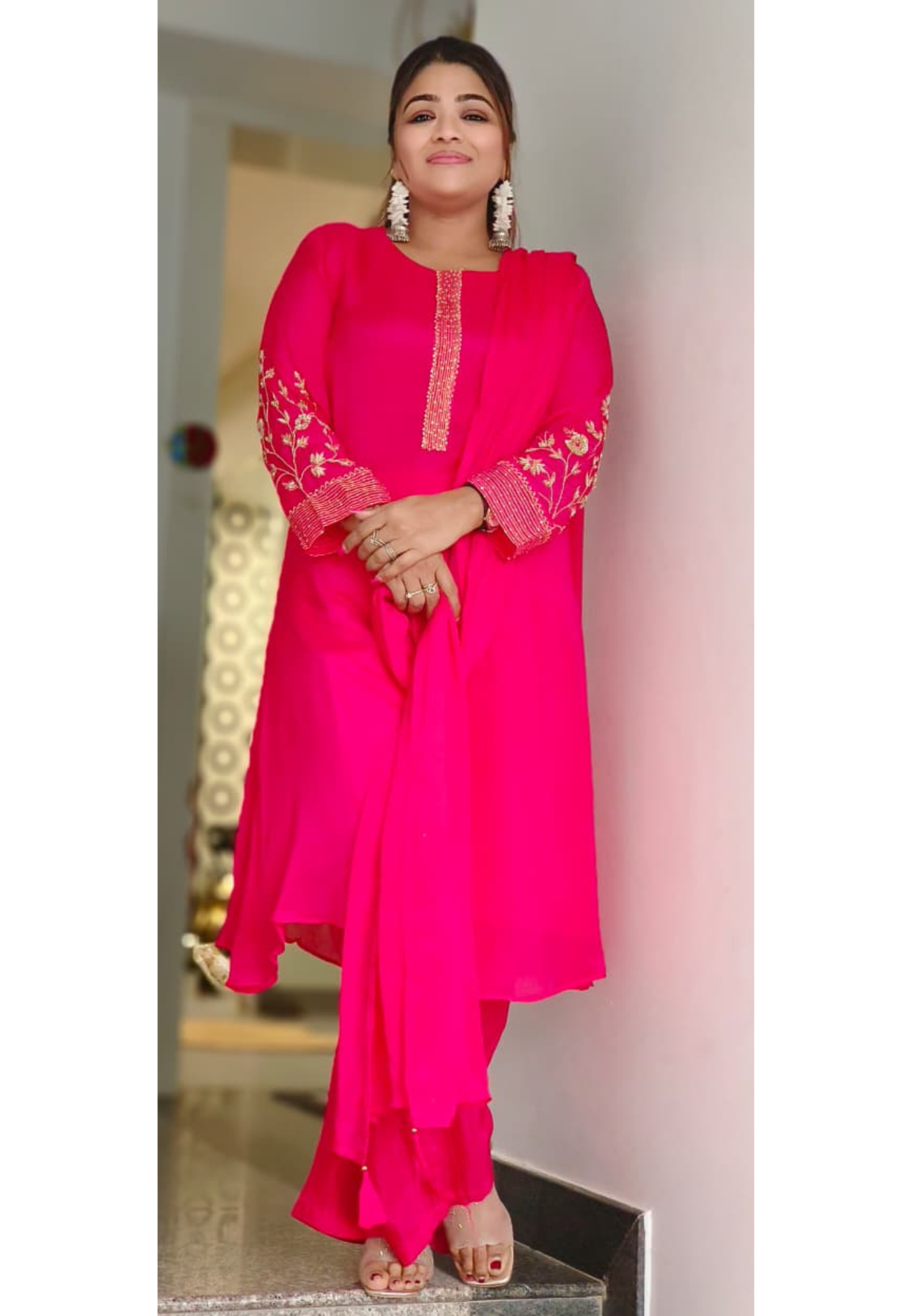 Very Suttle Work Neck & Sleeve Embroidery Full Suit Set With Dupatta In Chinon Fabric- 11232