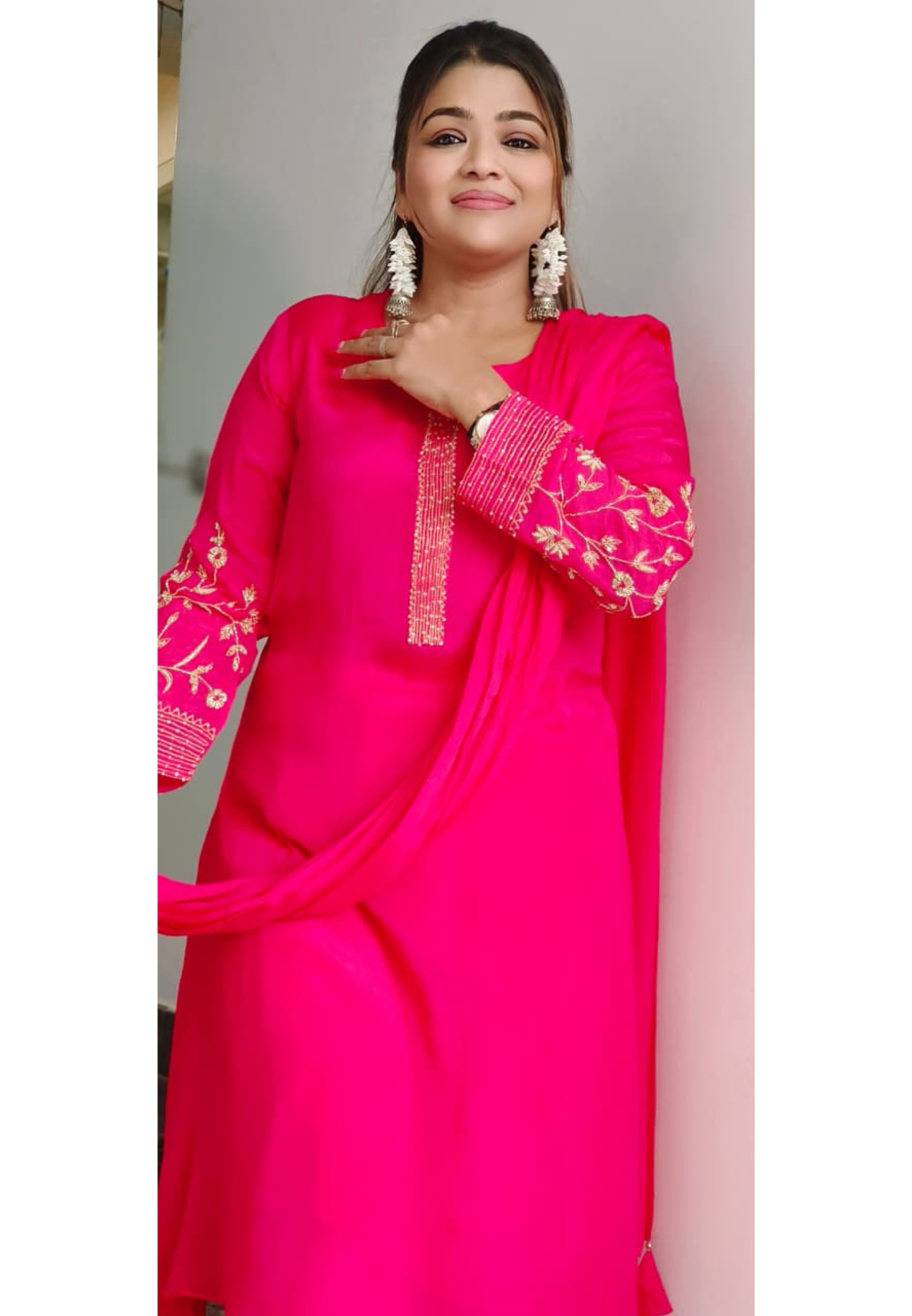 Very Suttle Work Neck & Sleeve Embroidery Full Suit Set With Dupatta In Chinon Fabric- 11232