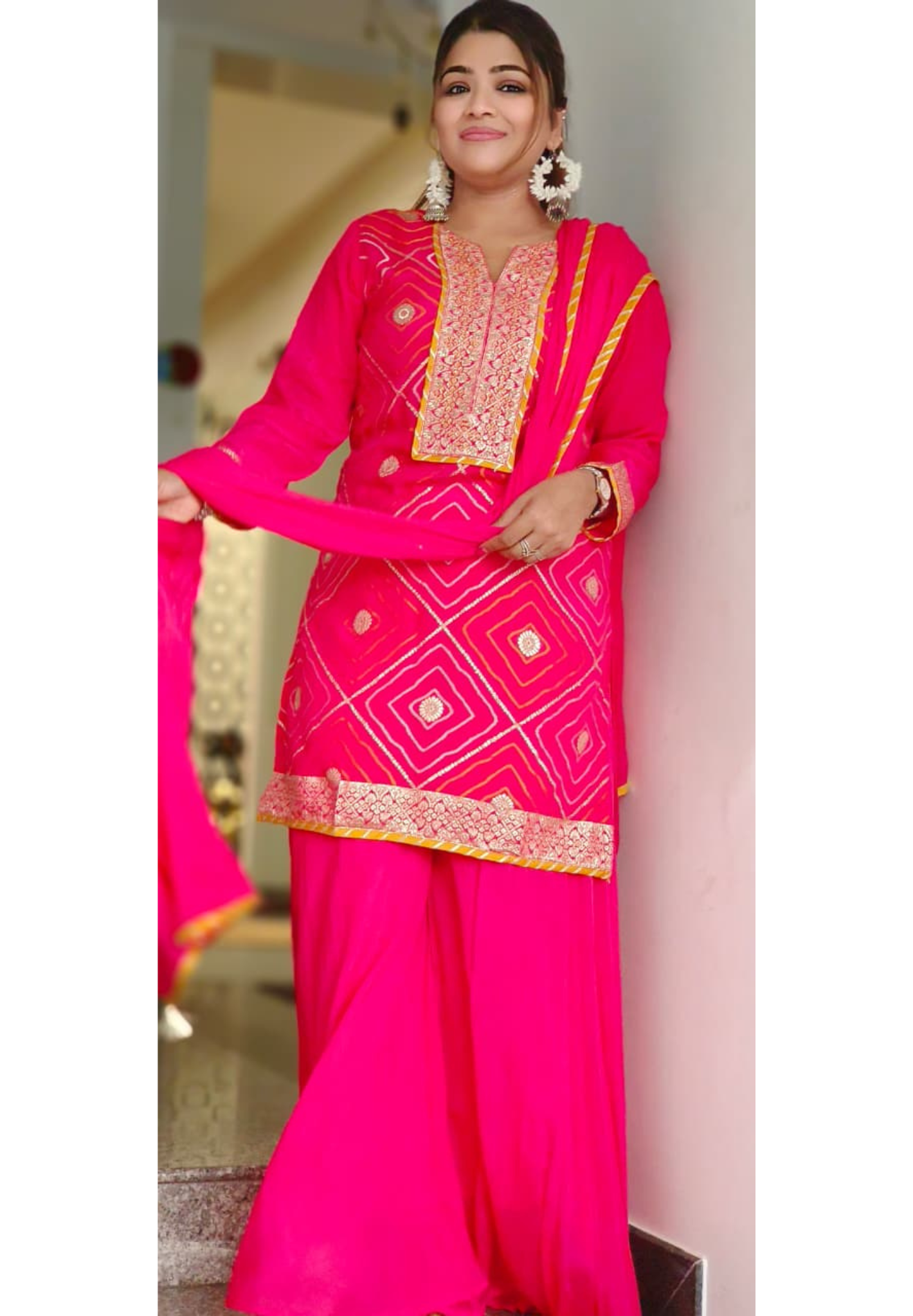 Abstract Print Vibrant Full Suit Set With Dupatta & Loose Palazzo Bottom In Chinon Fabric With Brocade Touch- 11033