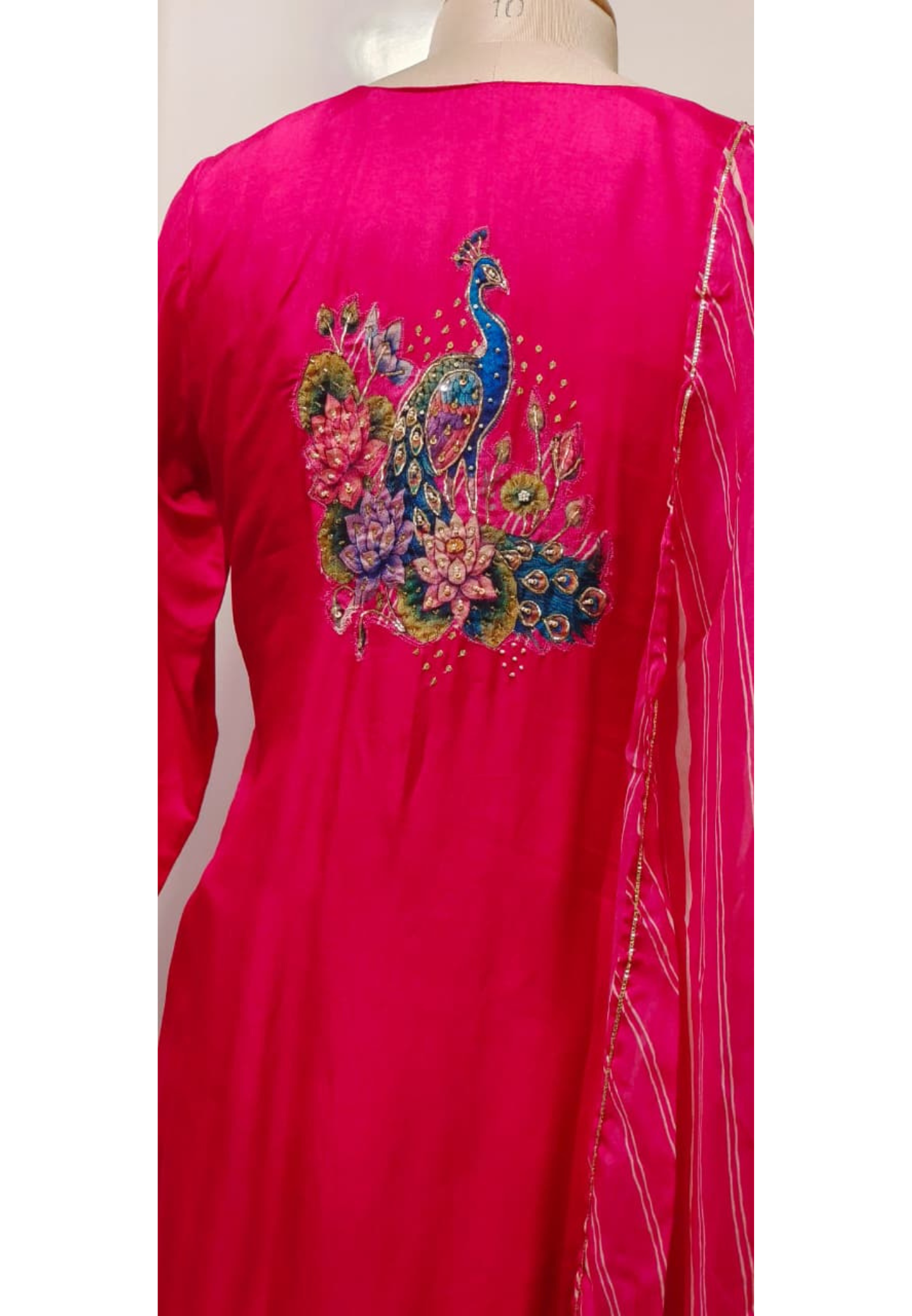 Sequence Plated Bordered Yoke A-Line Full Suit Set With Peacock Prints In Dupatta & Back In Dola Silk Fabric- 11028