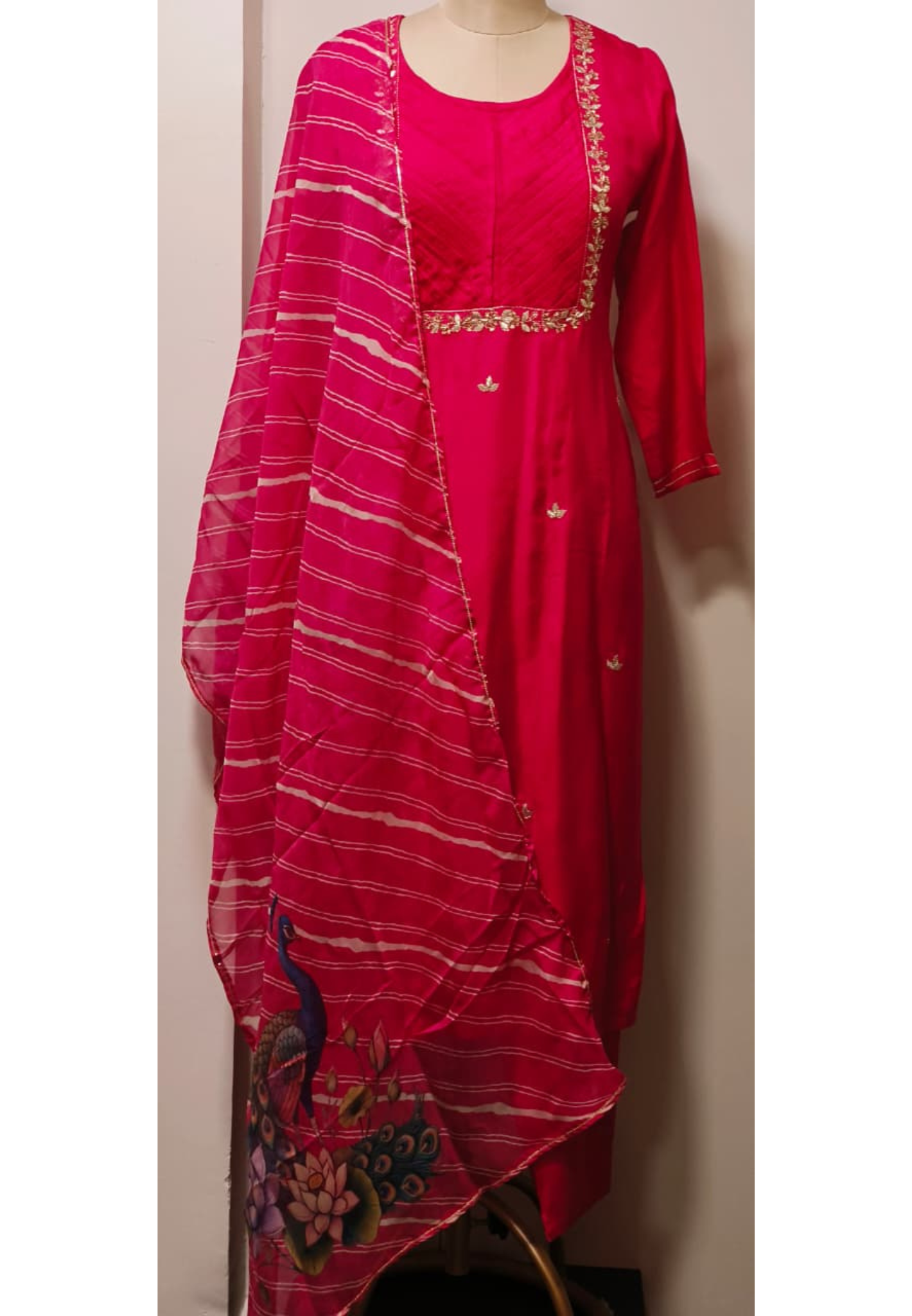 Sequence Plated Bordered Yoke A-Line Full Suit Set With Peacock Prints In Dupatta & Back In Dola Silk Fabric- 11028