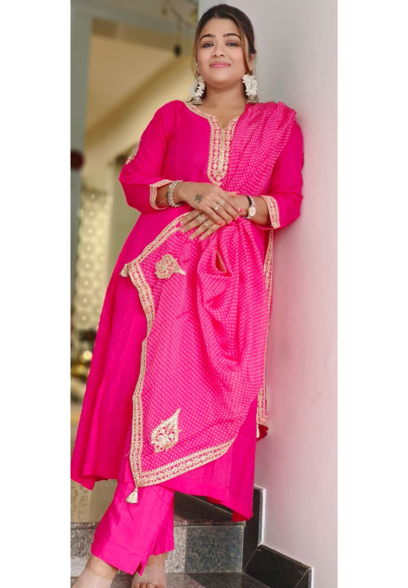 Minimal Zari Work Rani Blush A-Line Full Suit Set With Dupatta In Silk Fabric- 11183