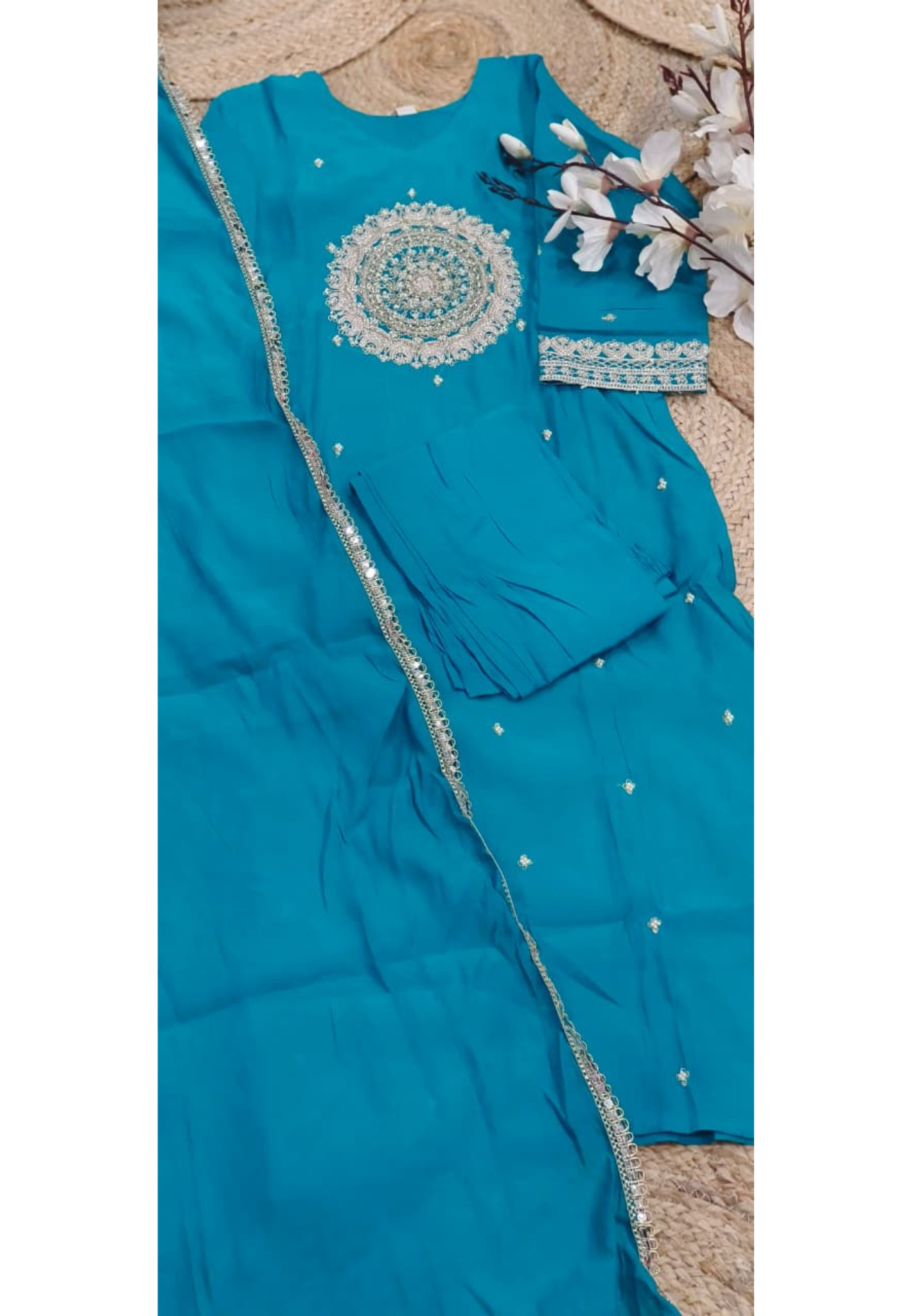Vibrant Beautiful Round Front Design Surat Mul Chanderi Full Suit Set With Dupatta