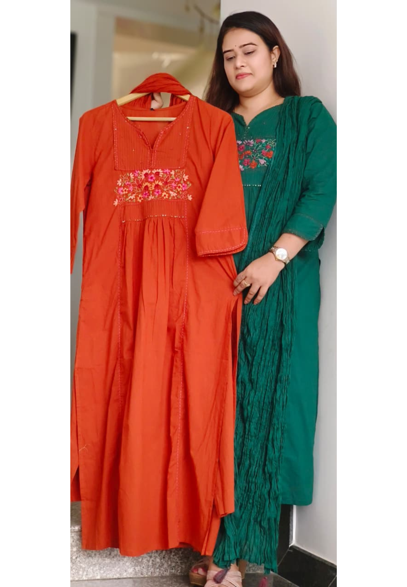 Thread Embroidered Solid Color Cotton Aline Side slit Full Suit