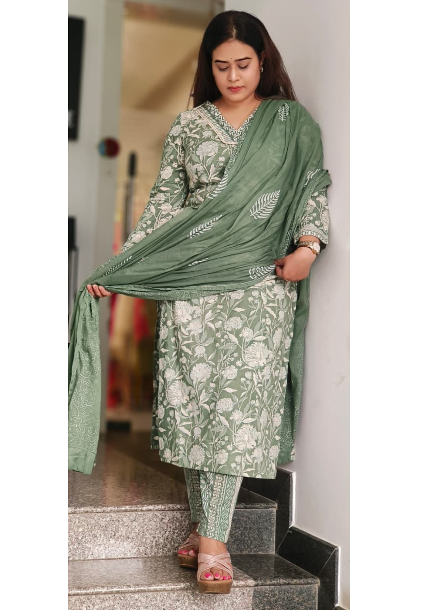 Embroidered Neck Printed Sage Green Stylish Cotton Full Suit Set