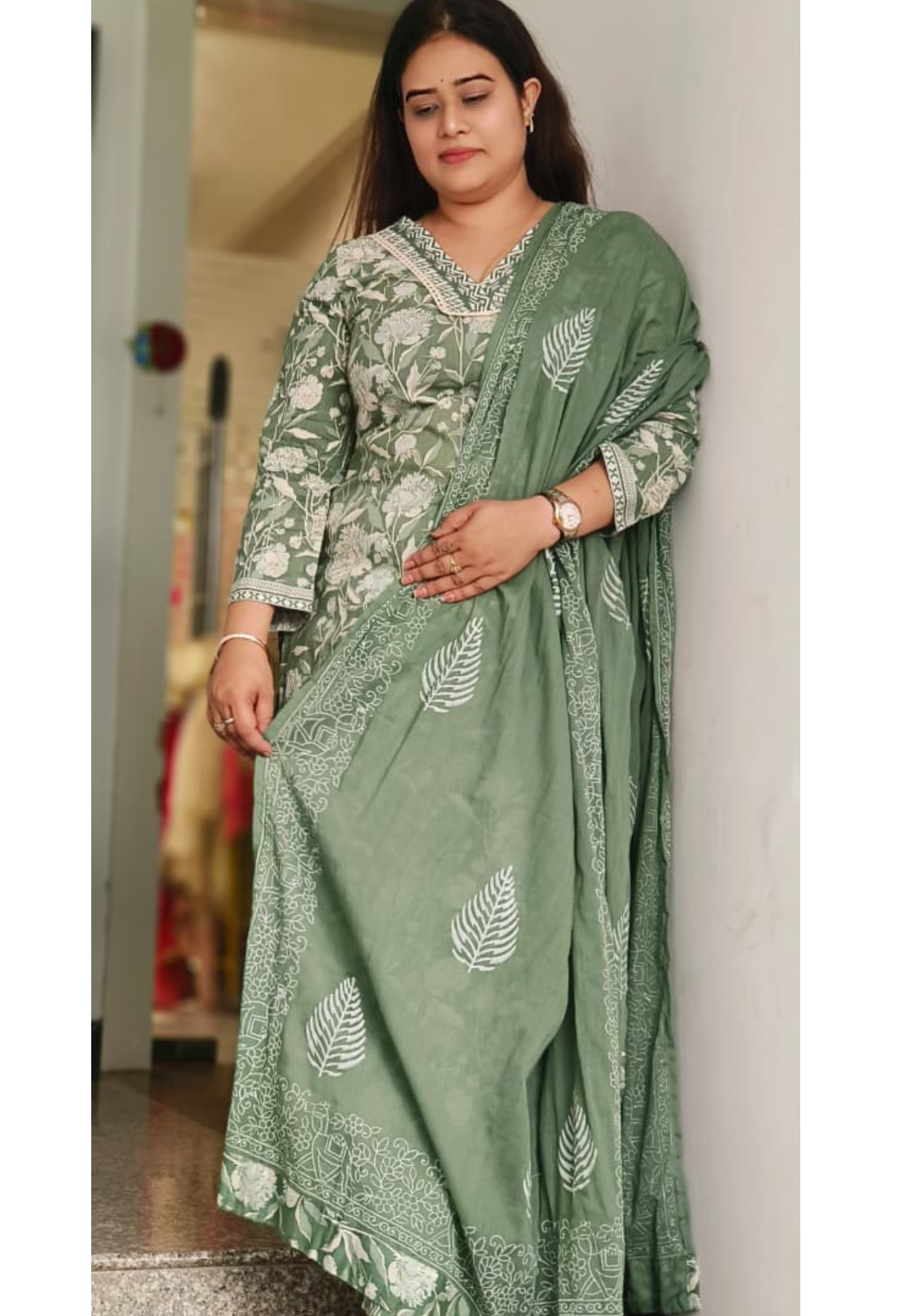 Embroidered Neck Printed Sage Green Stylish Cotton Full Suit Set