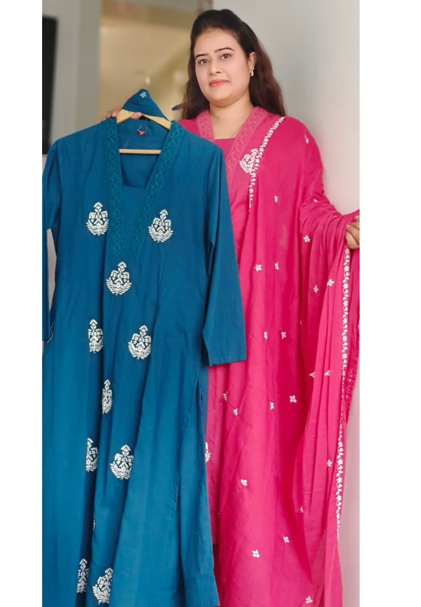 Pure Cotton Embroidered V Neck Crocia lace Solid Shade Full Suit Set