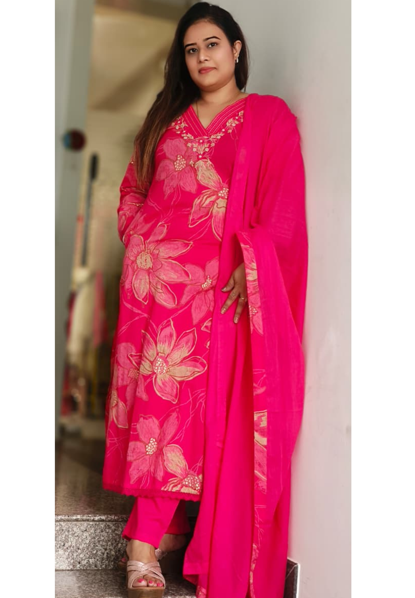 Beautiful V neck Floral Printed Cotton  Full Suit Set with Pocket