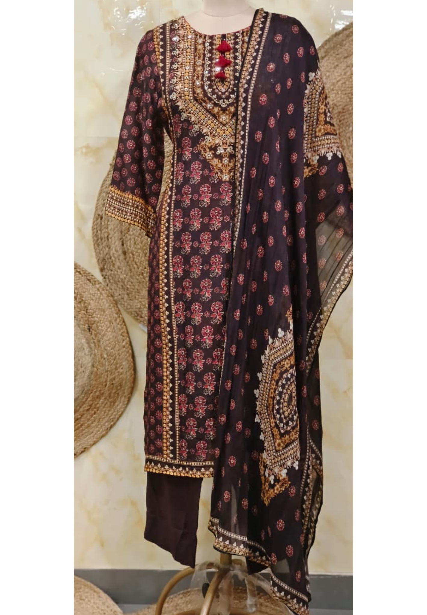 Traditional Print Front Tasseled Neck Full Suit Set With Dupatta In Dola Silk Fabric- 11192