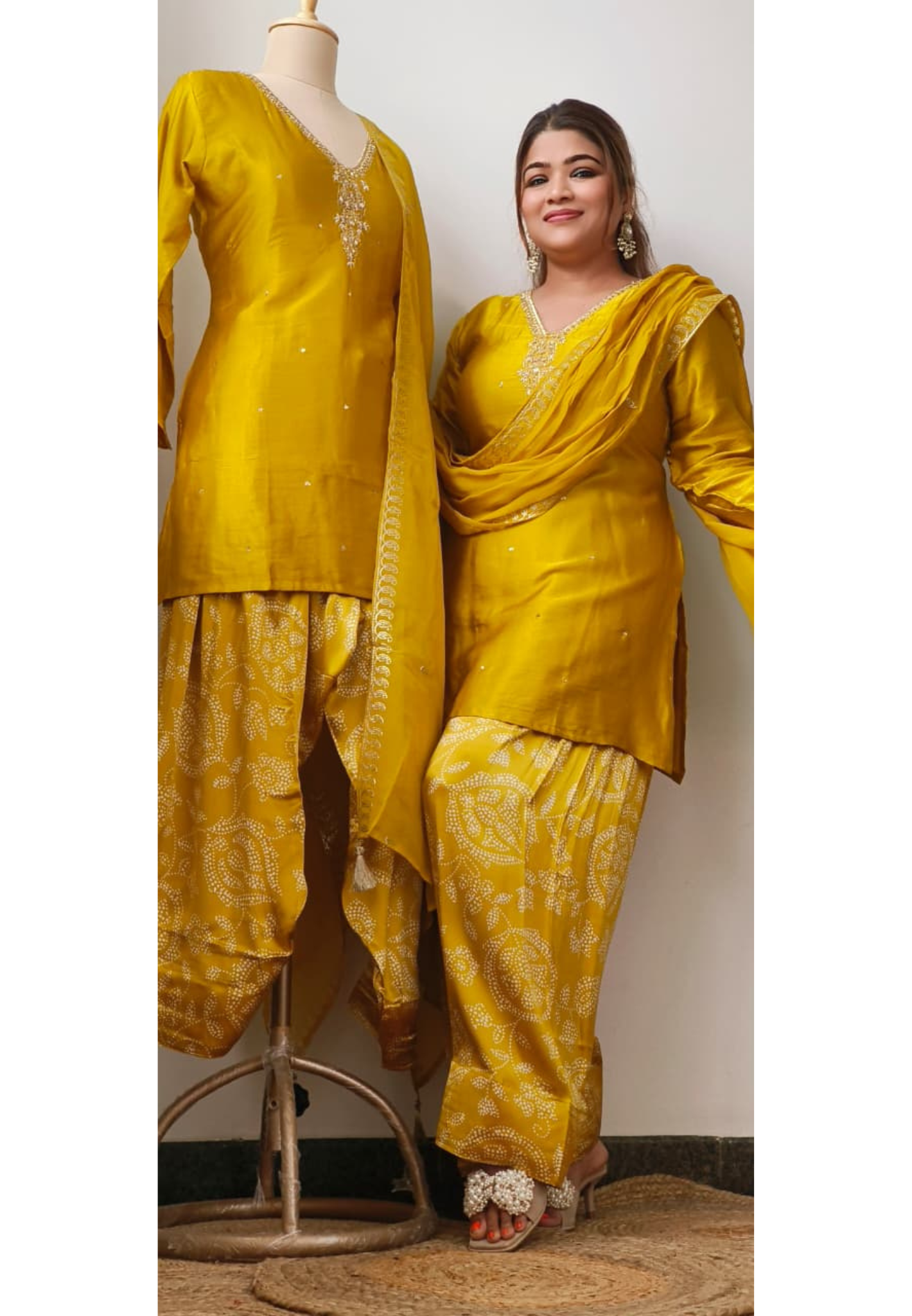 Simple Mustard V-Neck Full Suit Set With Dupatta & Farsi Bottom In Gajji Silk Fabric- 11235