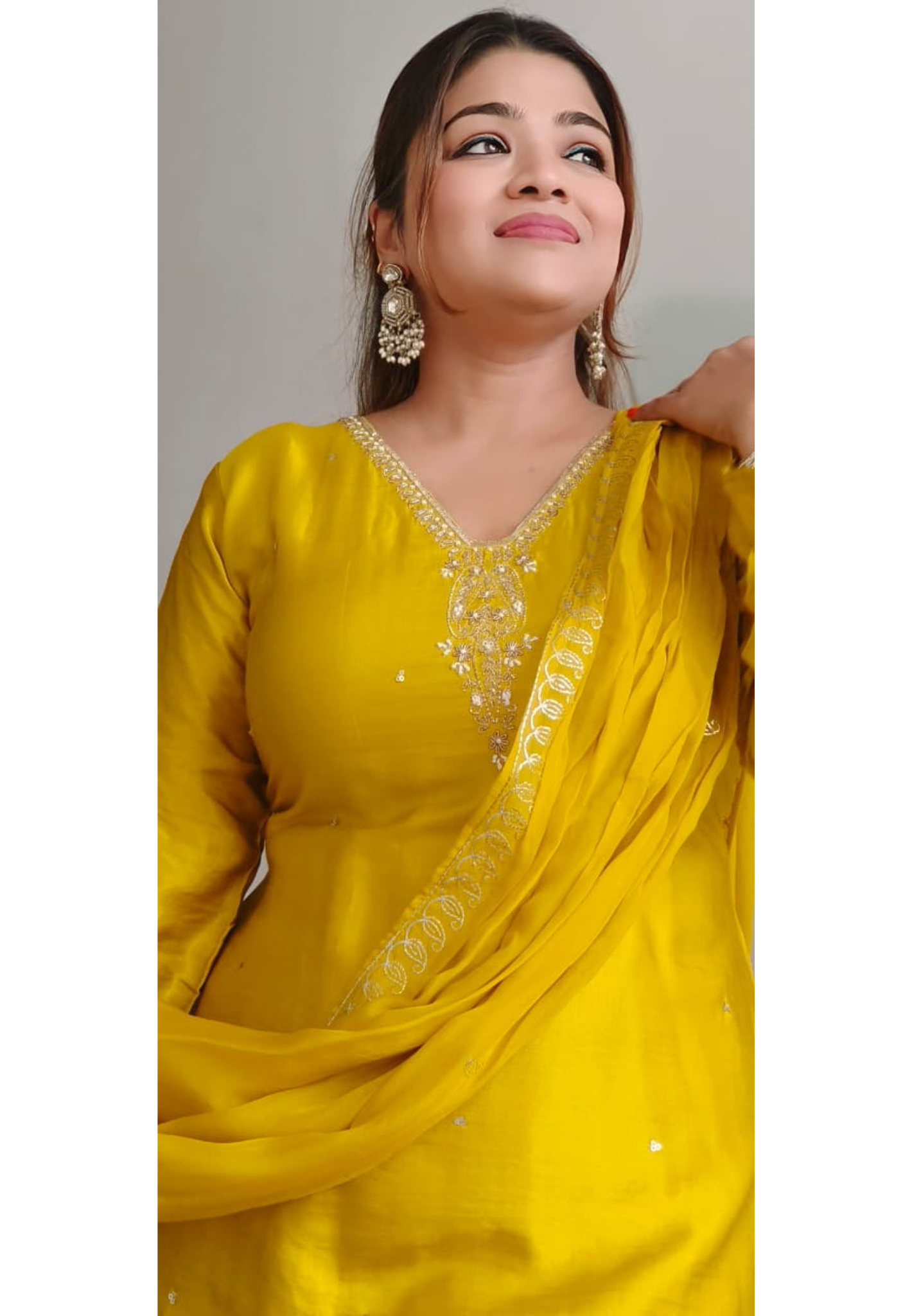 Simple Mustard V-Neck Full Suit Set With Dupatta & Farsi Bottom In Gajji Silk Fabric- 11235