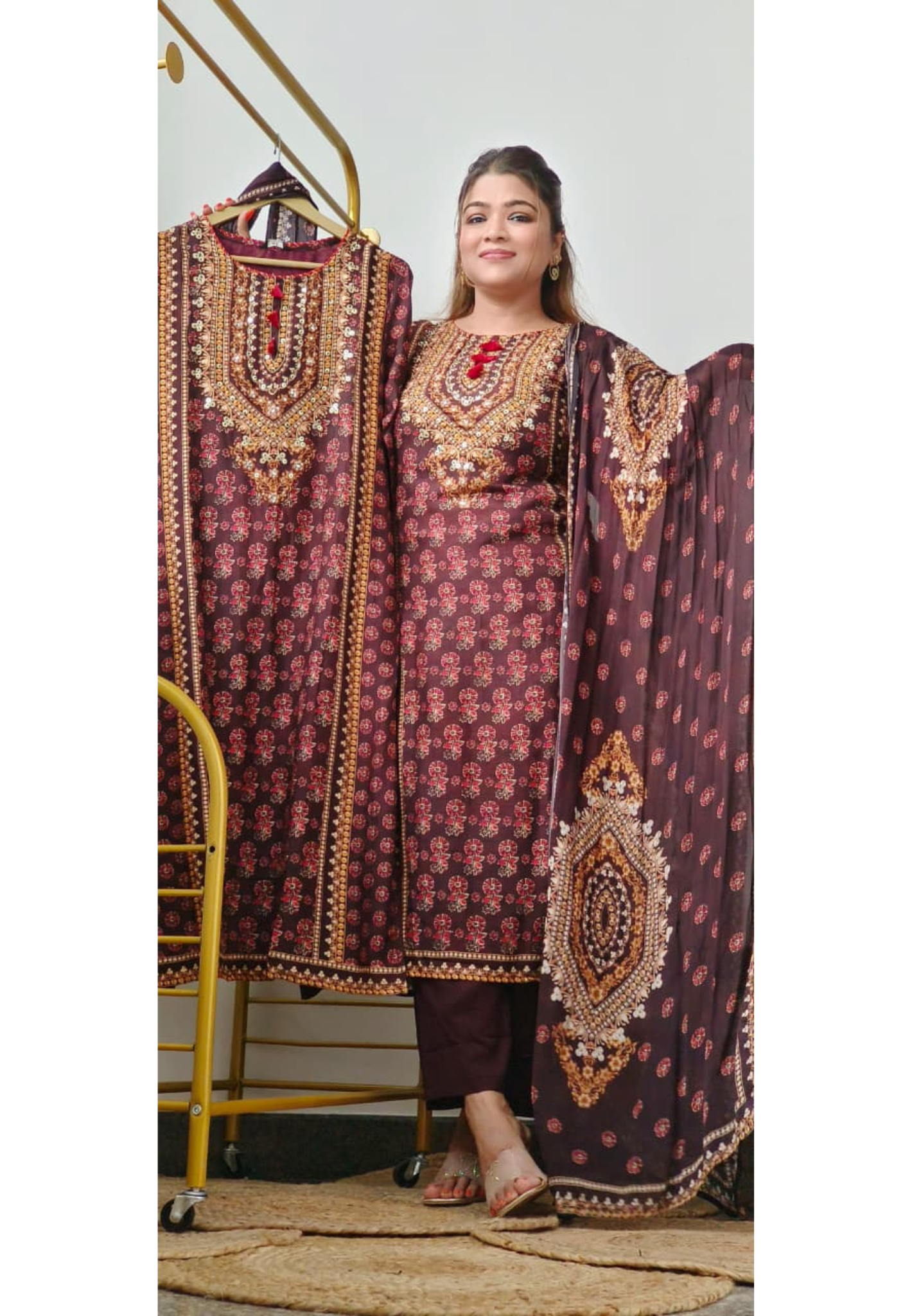 Traditional Print Front Tasseled Neck Full Suit Set With Dupatta In Dola Silk Fabric- 11192