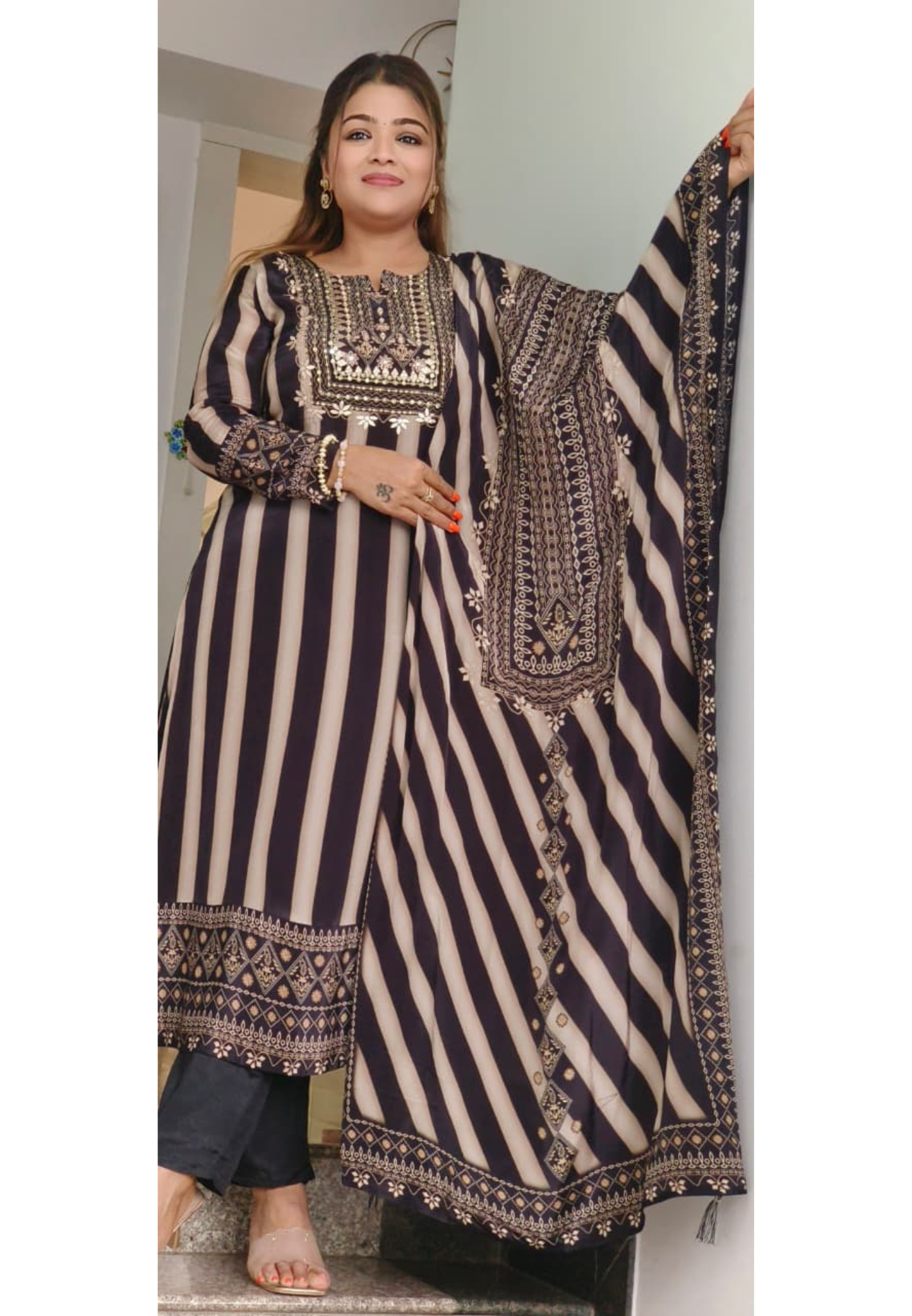 Beautifully Yoked Gotta Work Striped Full Suit Set With Dupatta In Crepe Fabric- 11300
