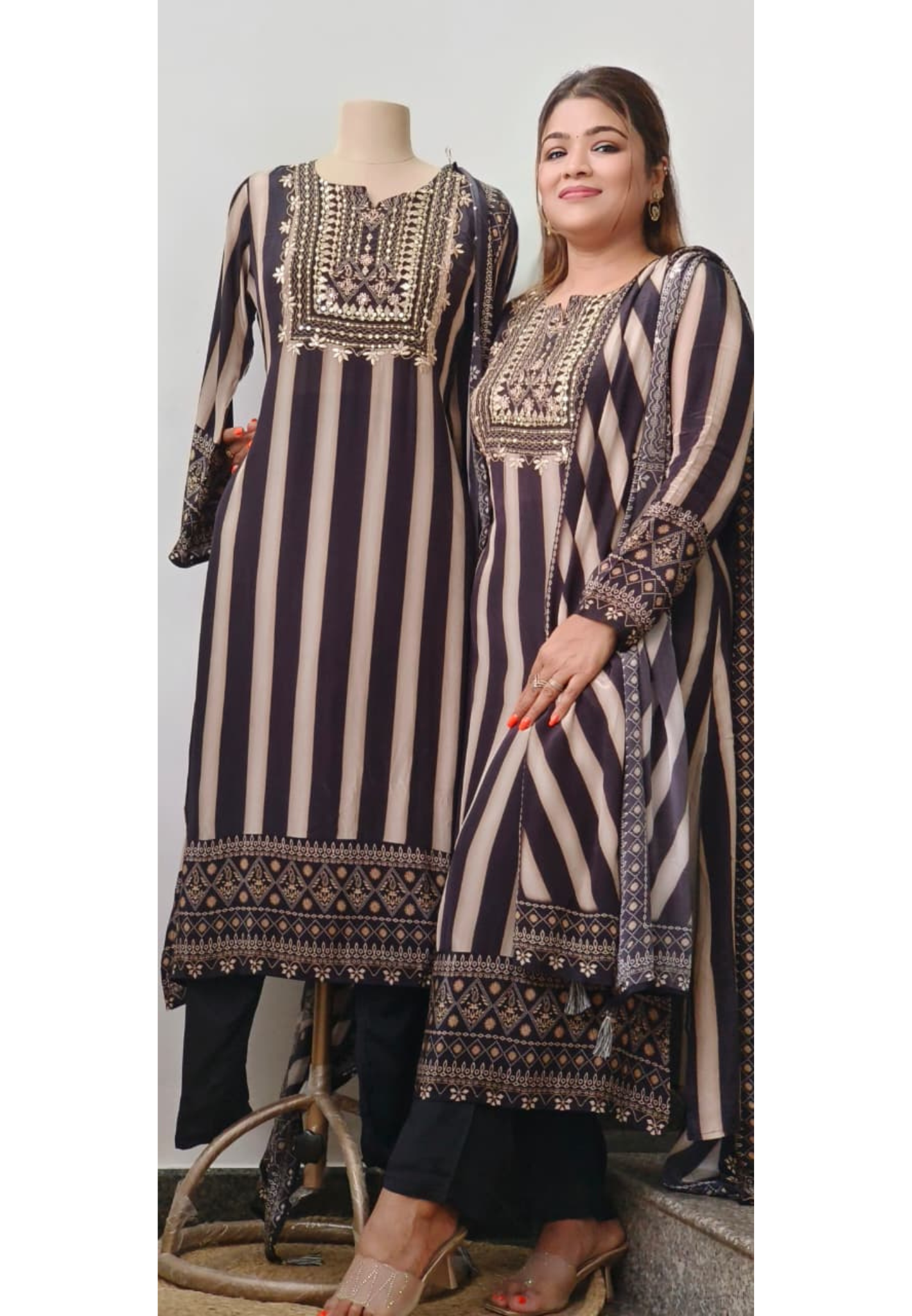 Beautifully Yoked Gotta Work Striped Full Suit Set With Dupatta In Crepe Fabric- 11300