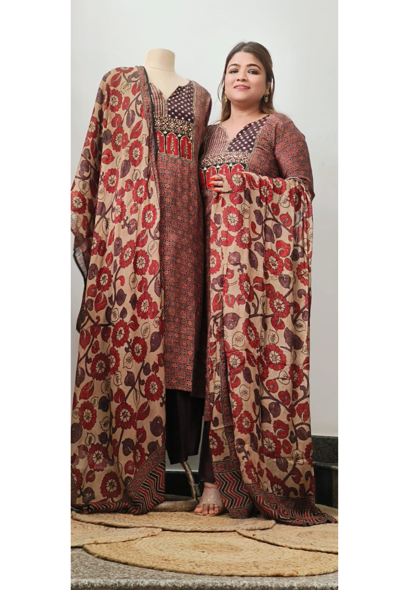 Kalamkari Neck Work Printed Full Suit Set With Lining Dupatta In Crepe Fabric- 11303