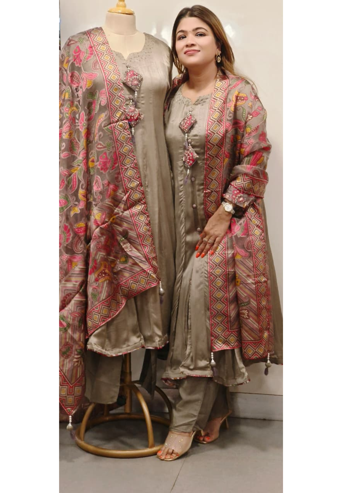 Unique Printed Applique Neck Work Satin Chinon Anarkali Full Suit Set With Braso Dupatta- 11221
