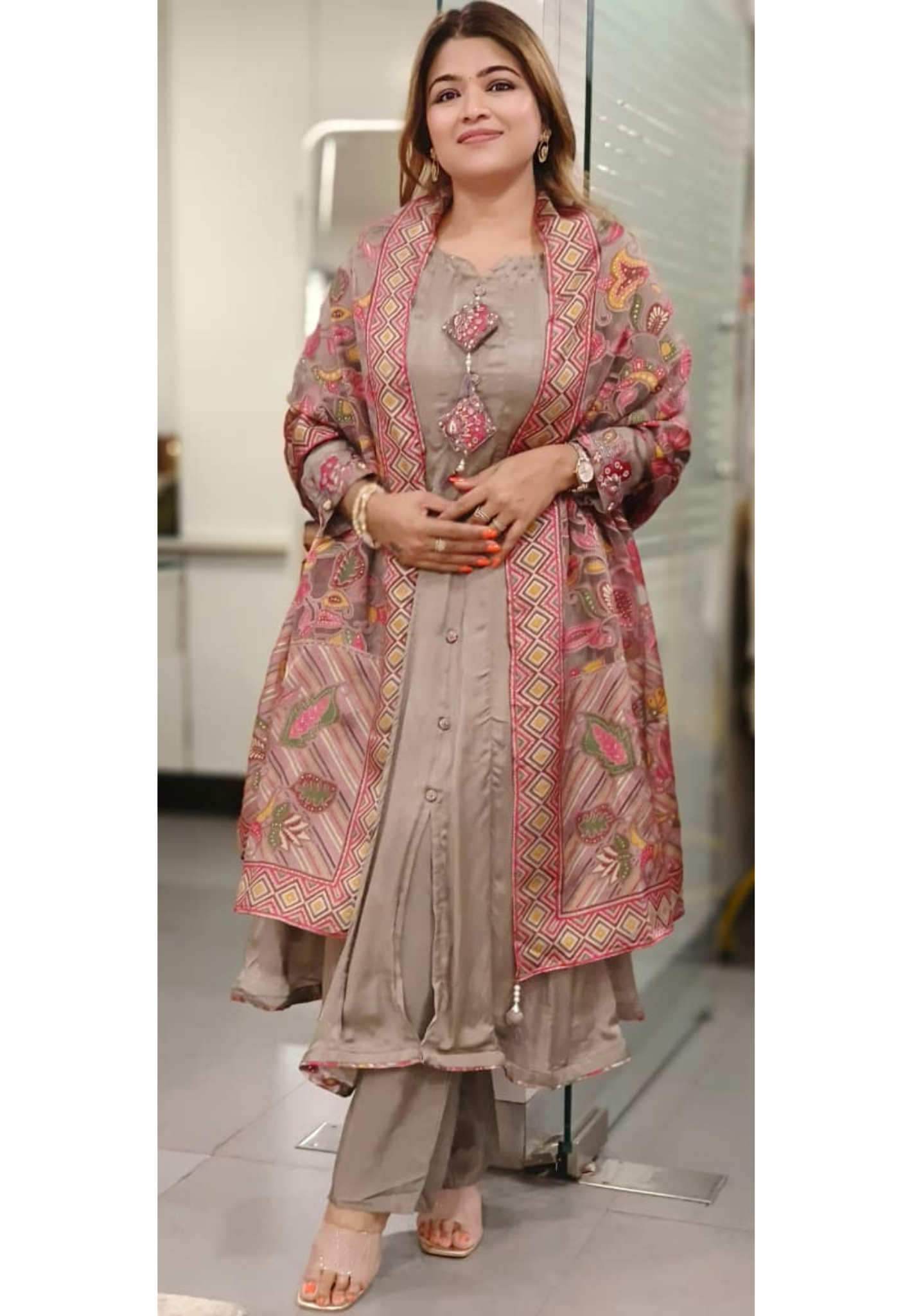 Unique Printed Applique Neck Work Satin Chinon Anarkali Full Suit Set With Braso Dupatta- 11221