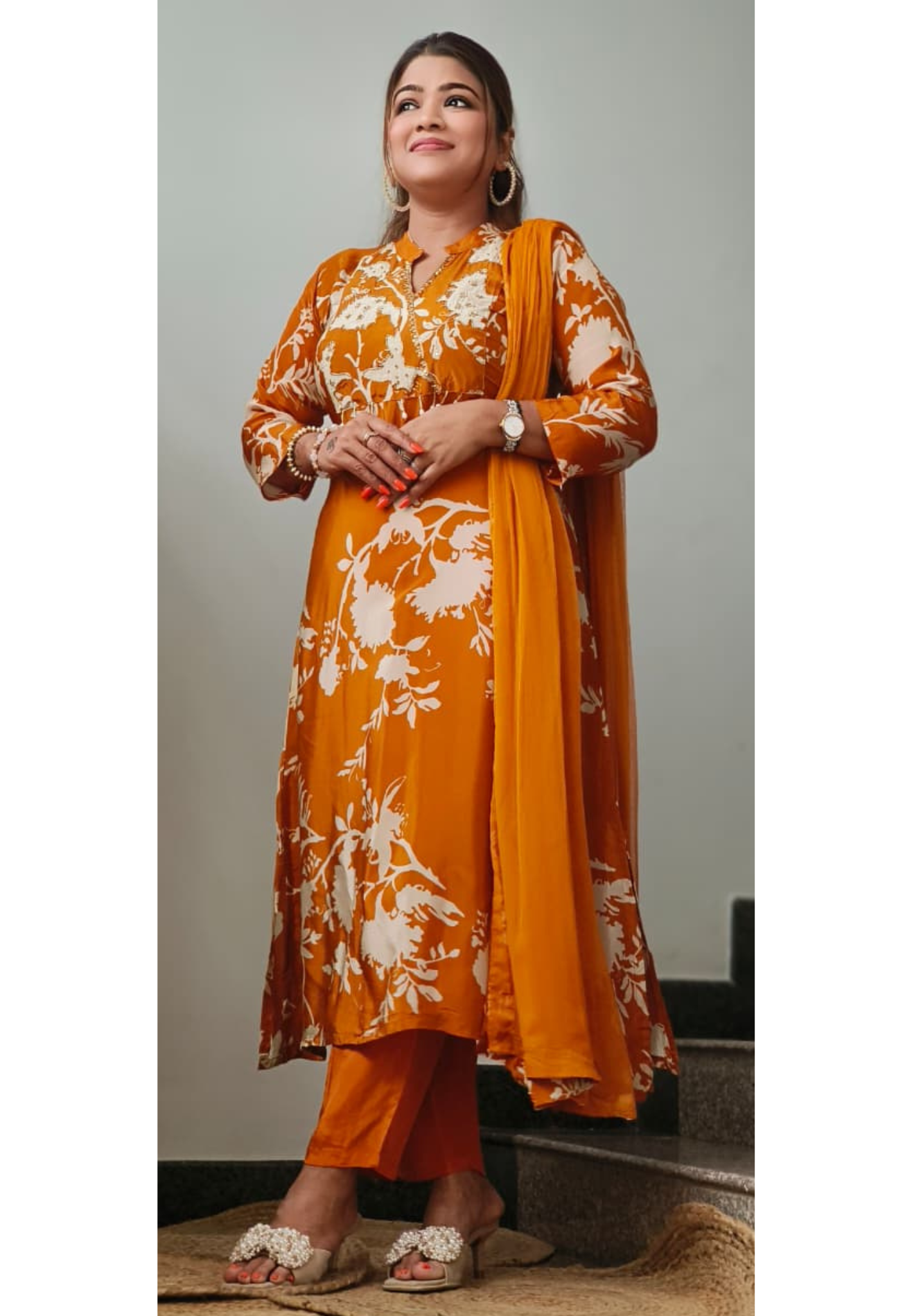 Floral Printed Pure Crepe Cut Dana Embroidered Neck Full Suit Set With Dupatta- 11241